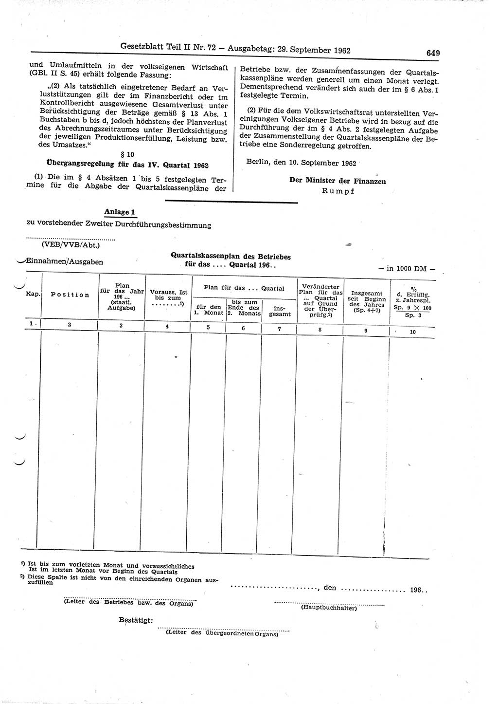 Gesetzblatt (GBl.) der Deutschen Demokratischen Republik (DDR) Teil ⅠⅠ 1962, Seite 649 (GBl. DDR ⅠⅠ 1962, S. 649)