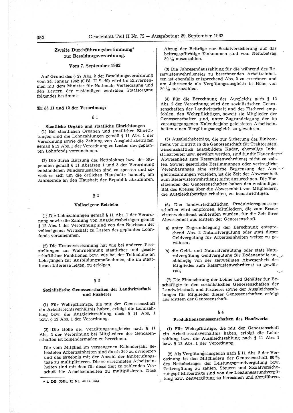 Gesetzblatt (GBl.) der Deutschen Demokratischen Republik (DDR) Teil ⅠⅠ 1962, Seite 652 (GBl. DDR ⅠⅠ 1962, S. 652)