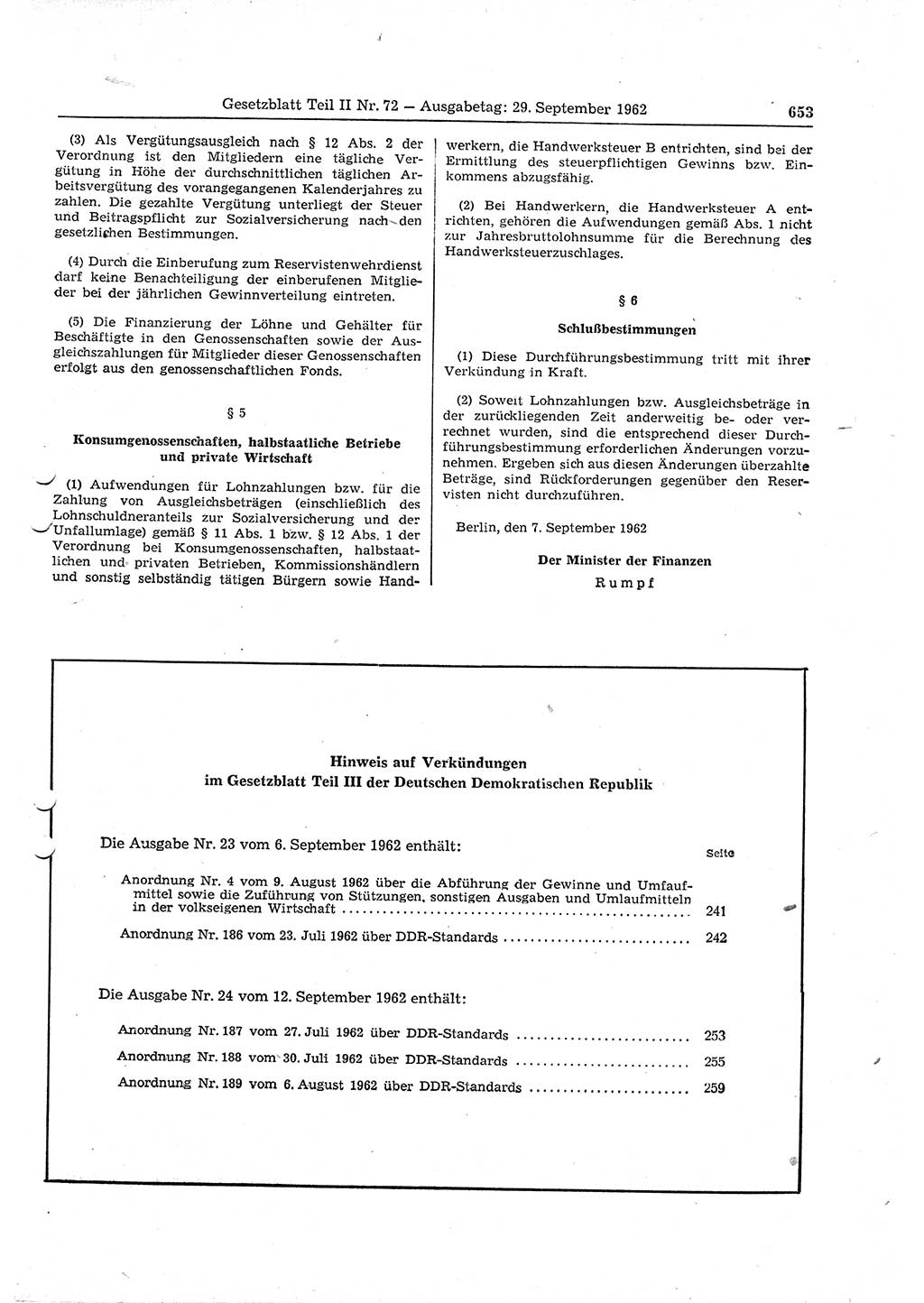 Gesetzblatt (GBl.) der Deutschen Demokratischen Republik (DDR) Teil ⅠⅠ 1962, Seite 653 (GBl. DDR ⅠⅠ 1962, S. 653)