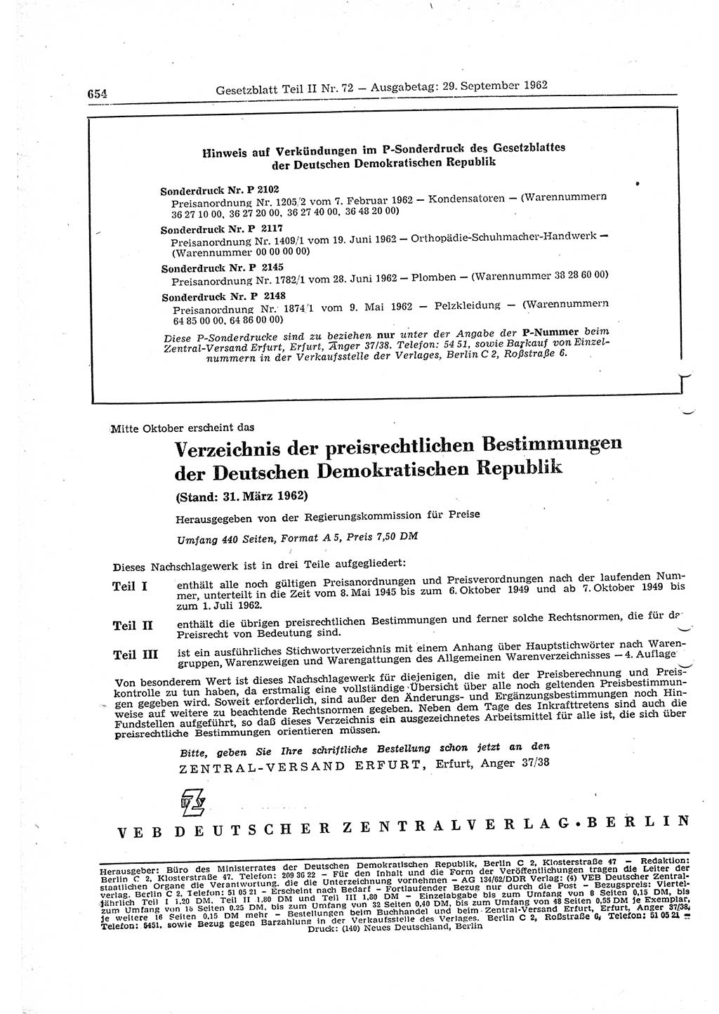 Gesetzblatt (GBl.) der Deutschen Demokratischen Republik (DDR) Teil ⅠⅠ 1962, Seite 654 (GBl. DDR ⅠⅠ 1962, S. 654)