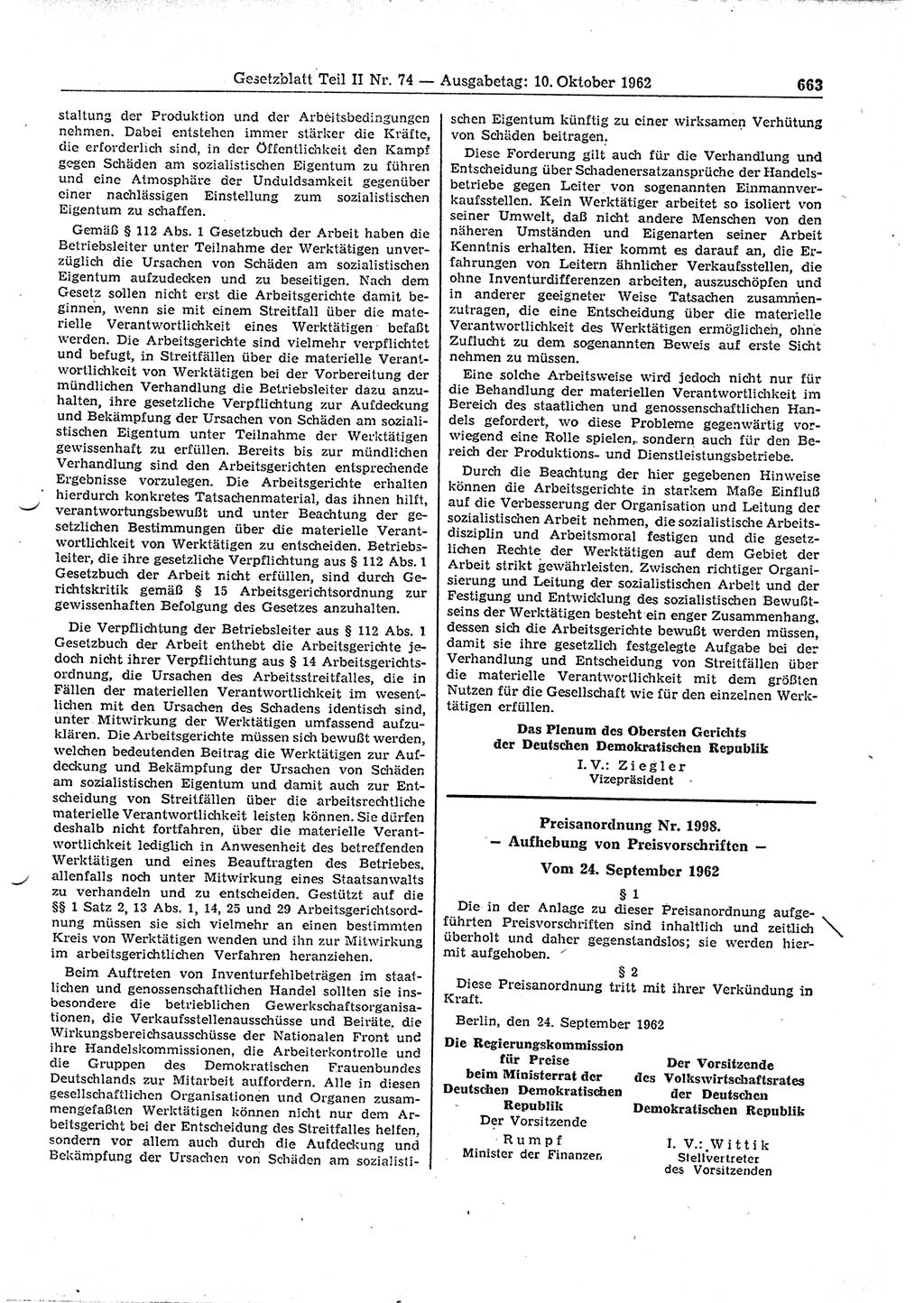Gesetzblatt (GBl.) der Deutschen Demokratischen Republik (DDR) Teil ⅠⅠ 1962, Seite 663 (GBl. DDR ⅠⅠ 1962, S. 663)
