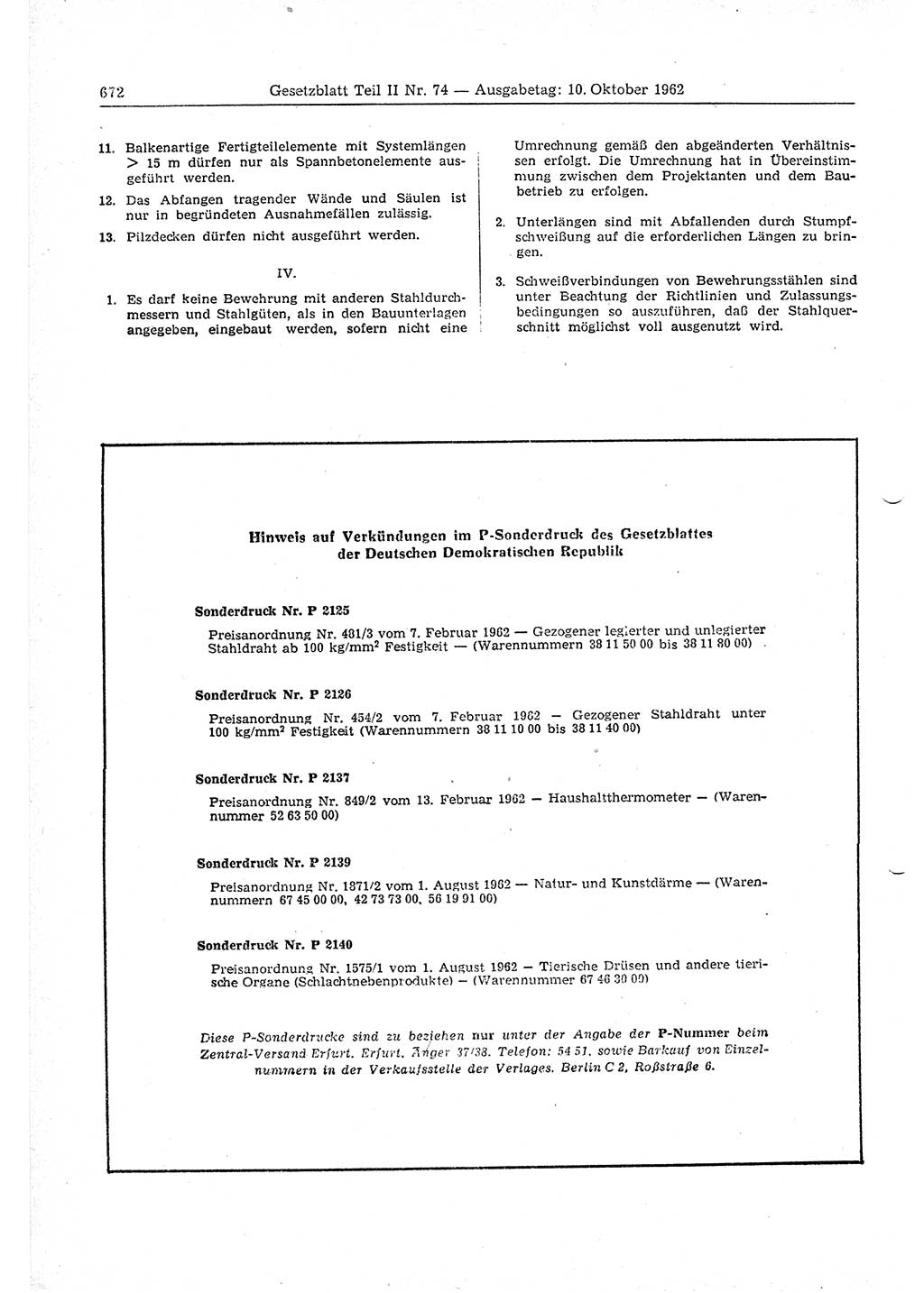 Gesetzblatt (GBl.) der Deutschen Demokratischen Republik (DDR) Teil ⅠⅠ 1962, Seite 672 (GBl. DDR ⅠⅠ 1962, S. 672)