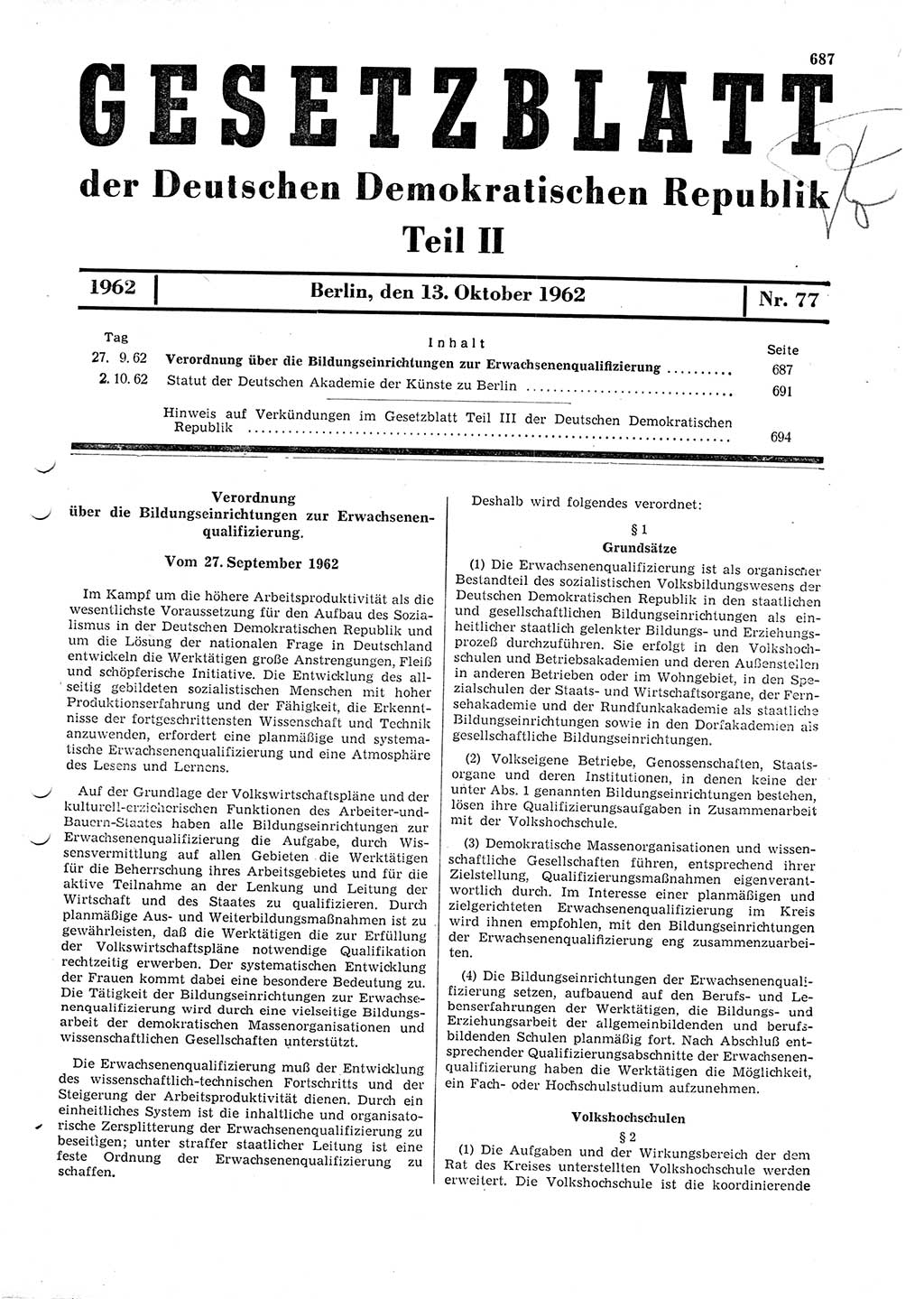 Gesetzblatt (GBl.) der Deutschen Demokratischen Republik (DDR) Teil ⅠⅠ 1962, Seite 687 (GBl. DDR ⅠⅠ 1962, S. 687)