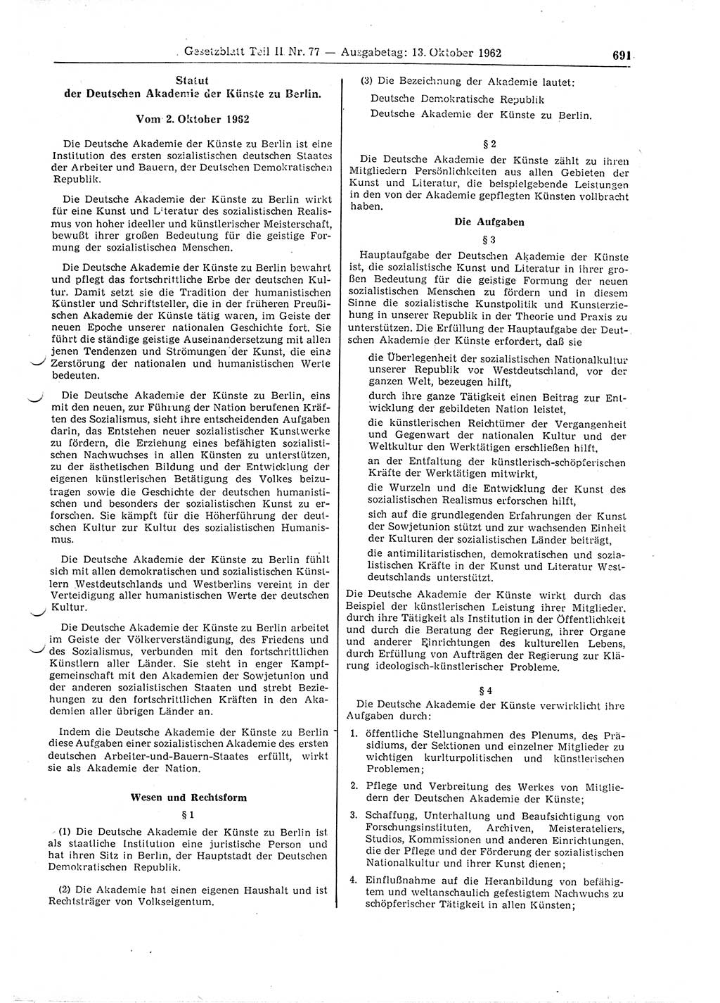 Gesetzblatt (GBl.) der Deutschen Demokratischen Republik (DDR) Teil ⅠⅠ 1962, Seite 691 (GBl. DDR ⅠⅠ 1962, S. 691)