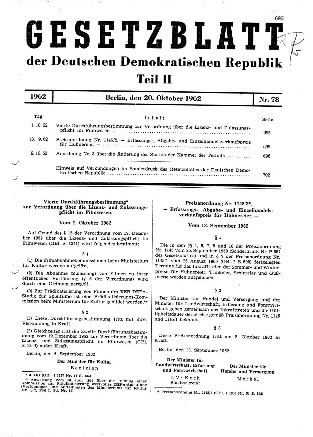 Gesetzblatt (GBl.) der Deutschen Demokratischen Republik (DDR) Teil ⅠⅠ 1962, Seite 695 (GBl. DDR ⅠⅠ 1962, S. 695)