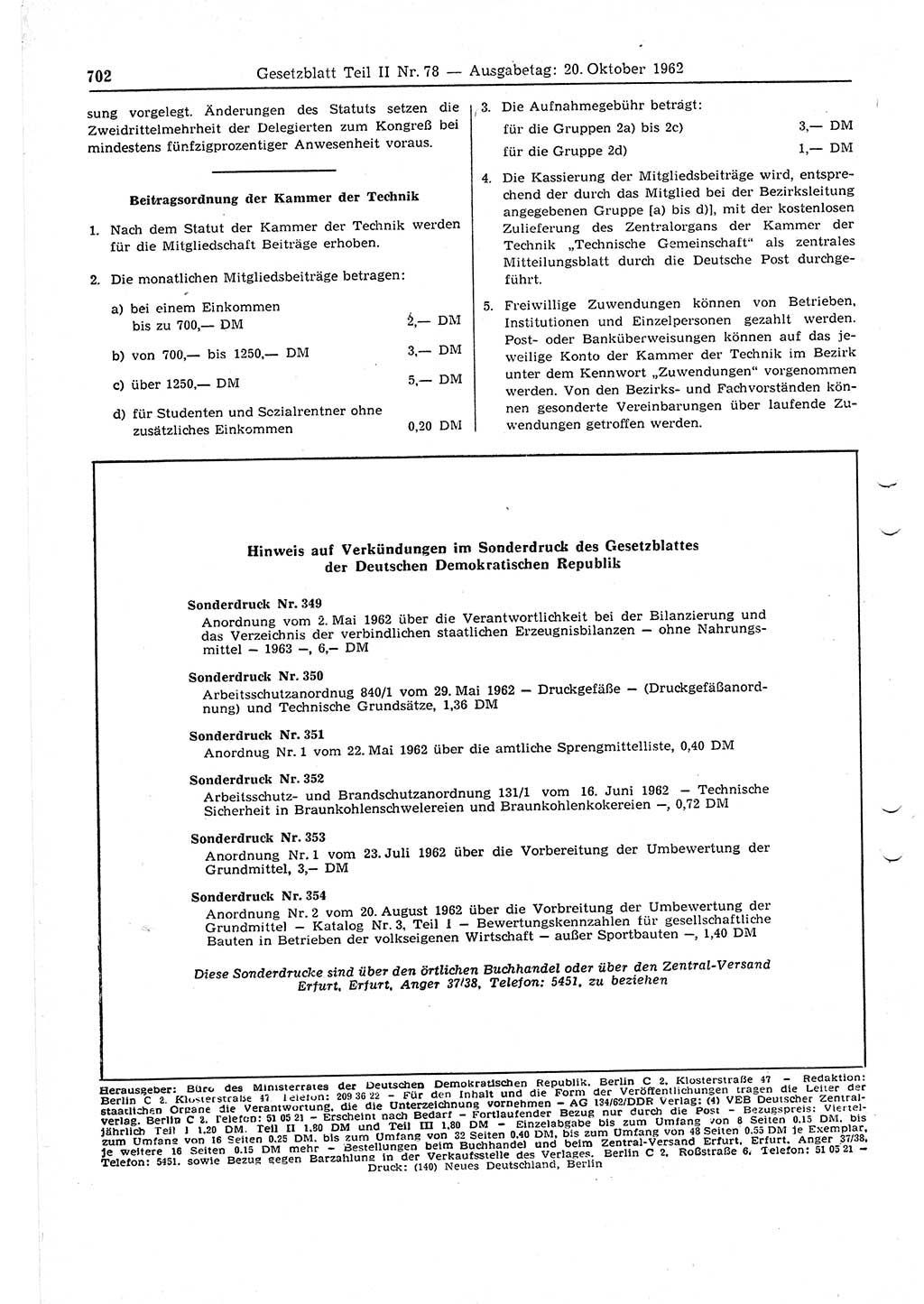 Gesetzblatt (GBl.) der Deutschen Demokratischen Republik (DDR) Teil ⅠⅠ 1962, Seite 702 (GBl. DDR ⅠⅠ 1962, S. 702)