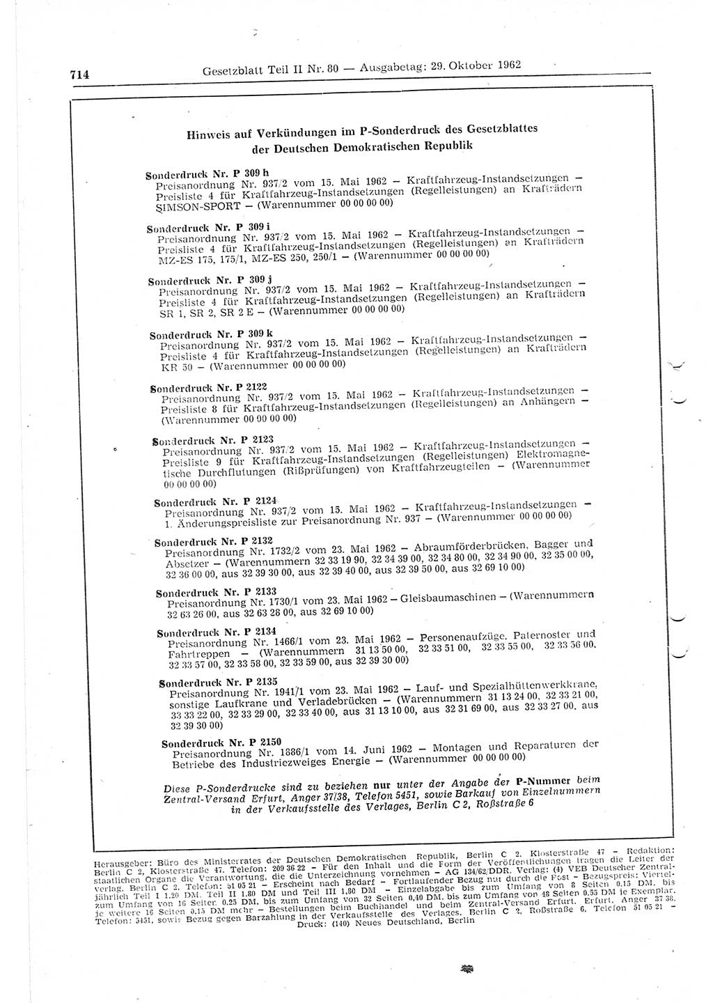 Gesetzblatt (GBl.) der Deutschen Demokratischen Republik (DDR) Teil â… â… 1962, Seite 714 (GBl. DDR â… â… 1962, S. 714)