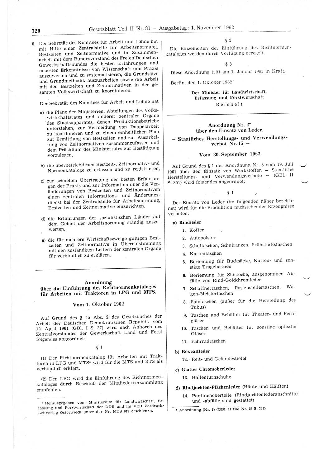 Gesetzblatt (GBl.) der Deutschen Demokratischen Republik (DDR) Teil ⅠⅠ 1962, Seite 720 (GBl. DDR ⅠⅠ 1962, S. 720)