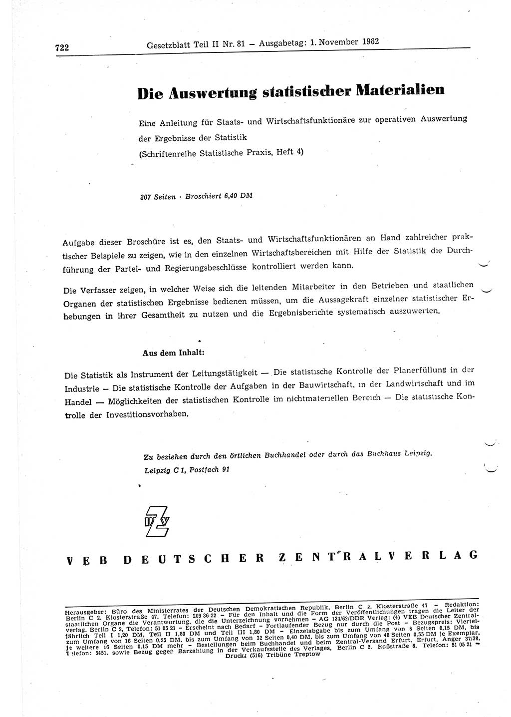 Gesetzblatt (GBl.) der Deutschen Demokratischen Republik (DDR) Teil ⅠⅠ 1962, Seite 722 (GBl. DDR ⅠⅠ 1962, S. 722)