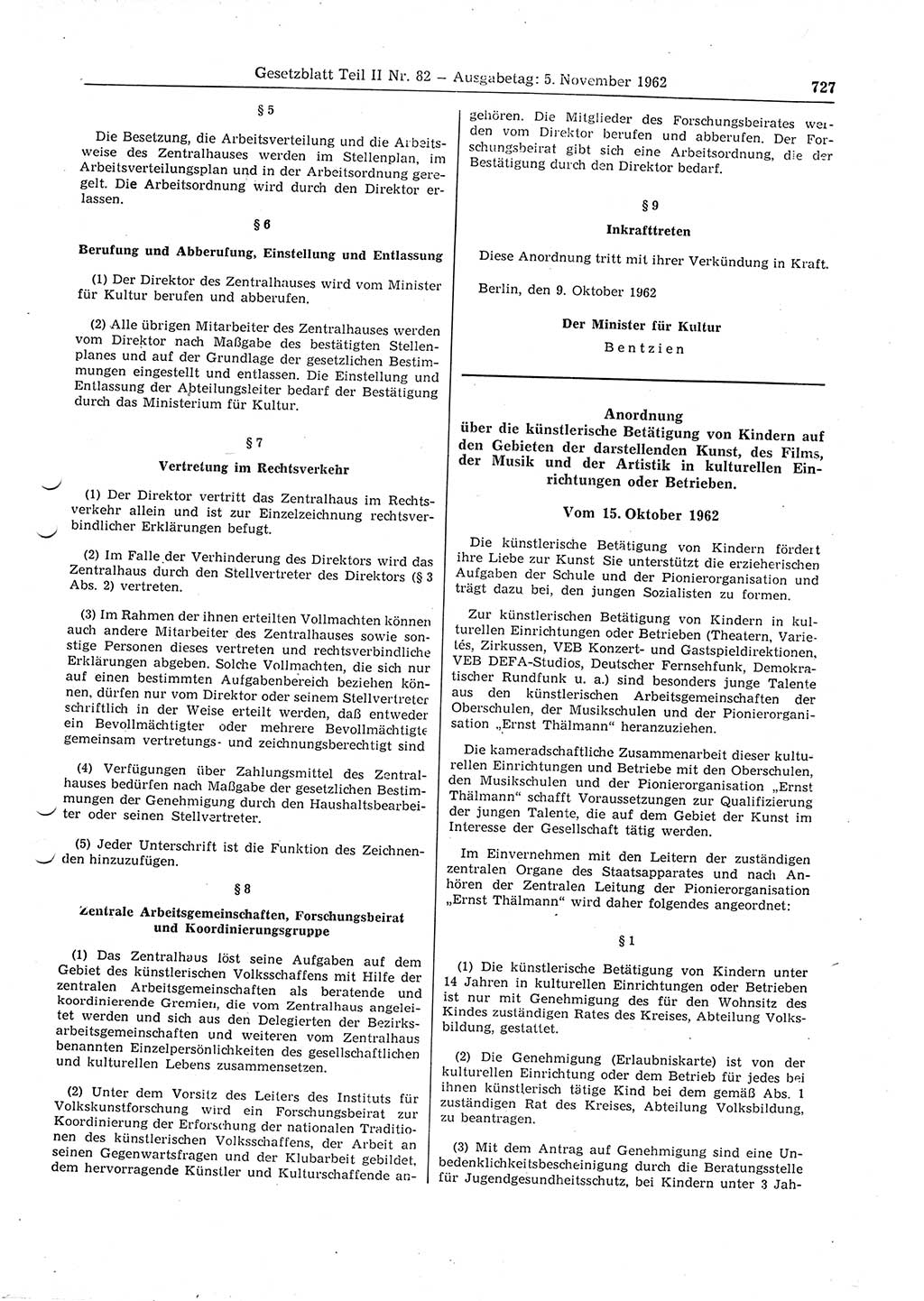 Gesetzblatt (GBl.) der Deutschen Demokratischen Republik (DDR) Teil ⅠⅠ 1962, Seite 727 (GBl. DDR ⅠⅠ 1962, S. 727)