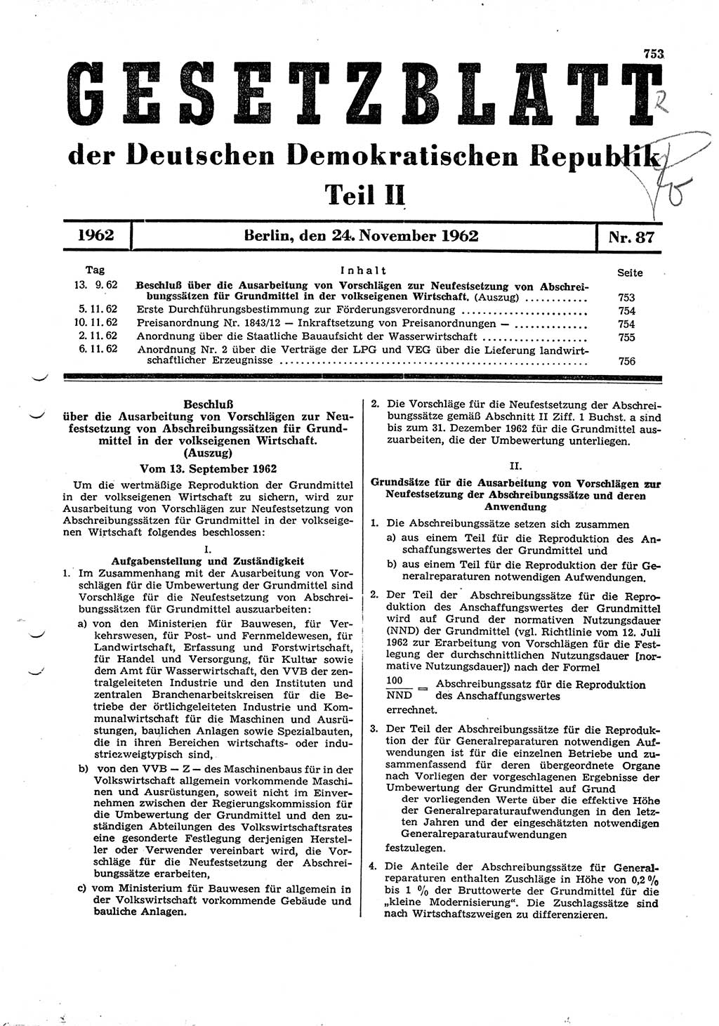 Gesetzblatt (GBl.) der Deutschen Demokratischen Republik (DDR) Teil ⅠⅠ 1962, Seite 753 (GBl. DDR ⅠⅠ 1962, S. 753)