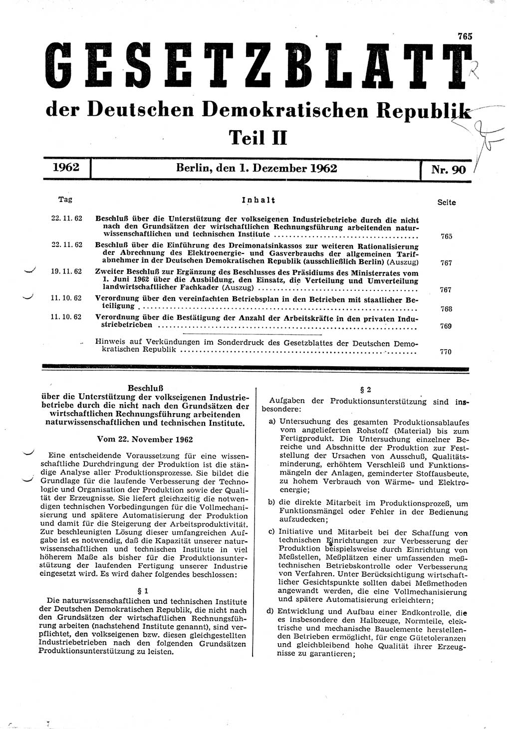 Gesetzblatt (GBl.) der Deutschen Demokratischen Republik (DDR) Teil ⅠⅠ 1962, Seite 765 (GBl. DDR ⅠⅠ 1962, S. 765)