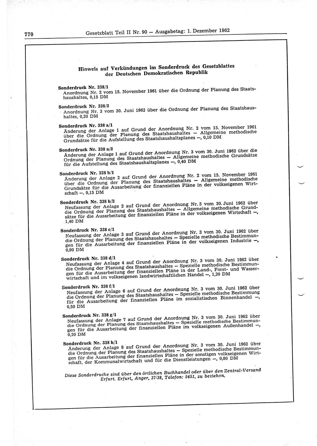 Gesetzblatt (GBl.) der Deutschen Demokratischen Republik (DDR) Teil ⅠⅠ 1962, Seite 770 (GBl. DDR ⅠⅠ 1962, S. 770)