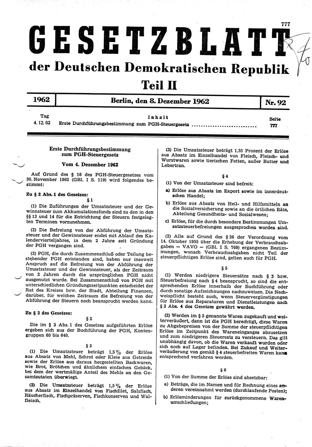 Gesetzblatt (GBl.) der Deutschen Demokratischen Republik (DDR) Teil ⅠⅠ 1962, Seite 777 (GBl. DDR ⅠⅠ 1962, S. 777)