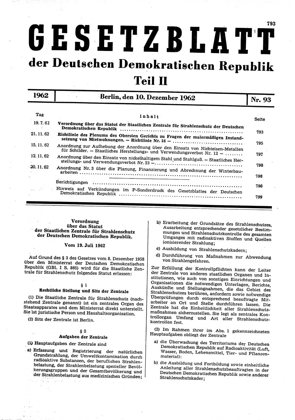 Gesetzblatt (GBl.) der Deutschen Demokratischen Republik (DDR) Teil ⅠⅠ 1962, Seite 793 (GBl. DDR ⅠⅠ 1962, S. 793)