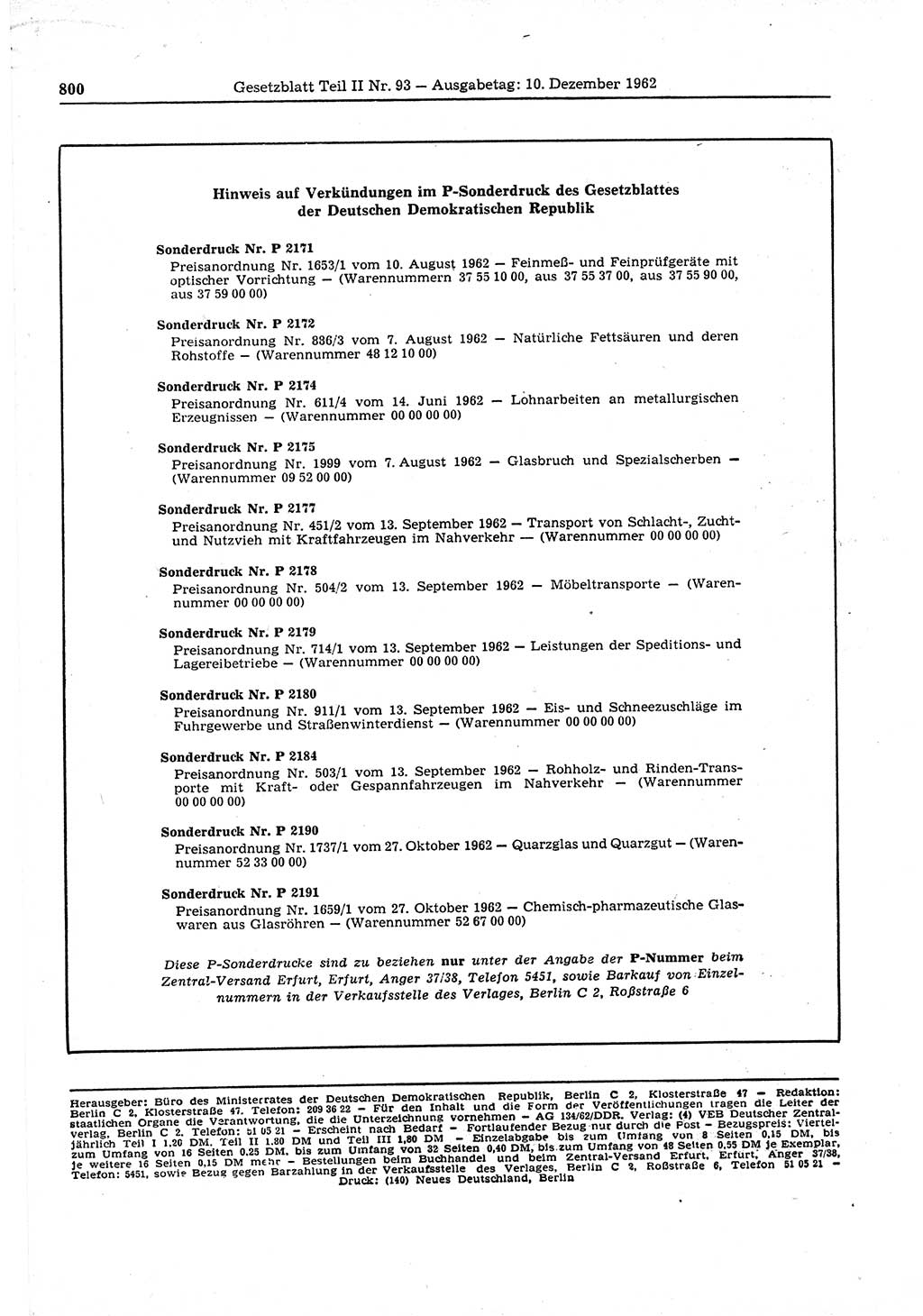 Gesetzblatt (GBl.) der Deutschen Demokratischen Republik (DDR) Teil ⅠⅠ 1962, Seite 800 (GBl. DDR ⅠⅠ 1962, S. 800)