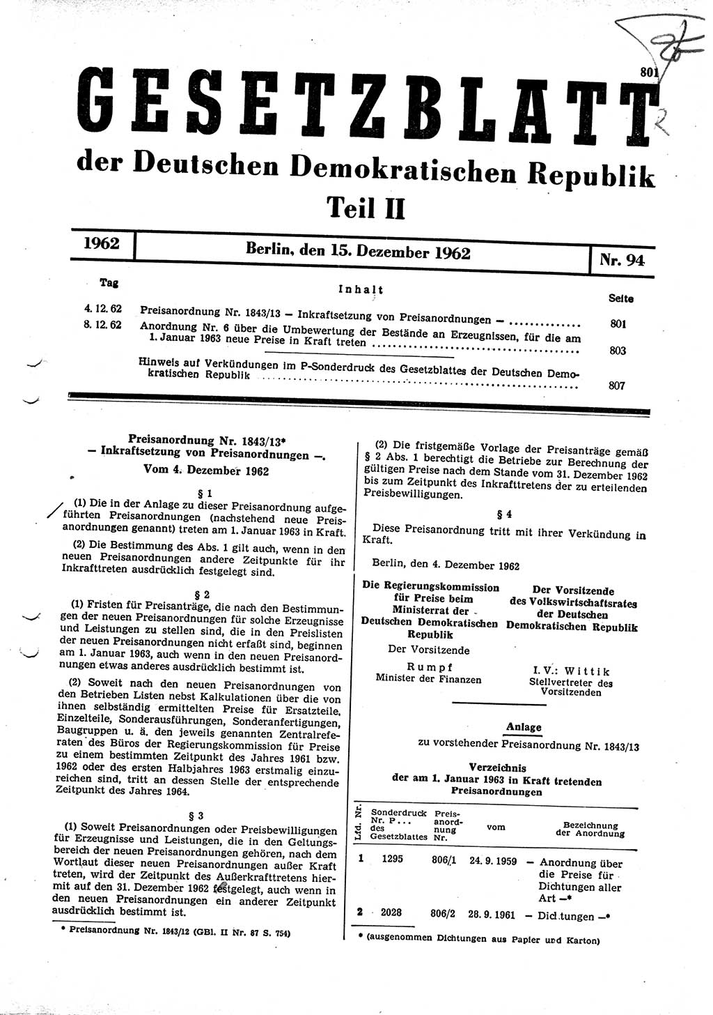 Gesetzblatt (GBl.) der Deutschen Demokratischen Republik (DDR) Teil ⅠⅠ 1962, Seite 801 (GBl. DDR ⅠⅠ 1962, S. 801)