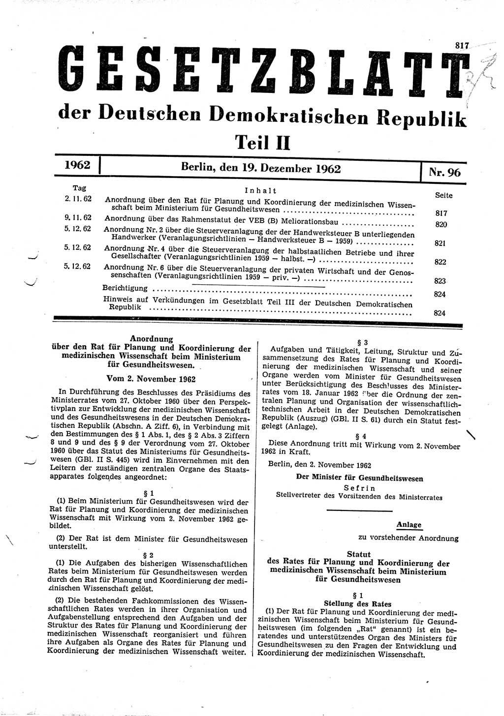 Gesetzblatt (GBl.) der Deutschen Demokratischen Republik (DDR) Teil ⅠⅠ 1962, Seite 817 (GBl. DDR ⅠⅠ 1962, S. 817)