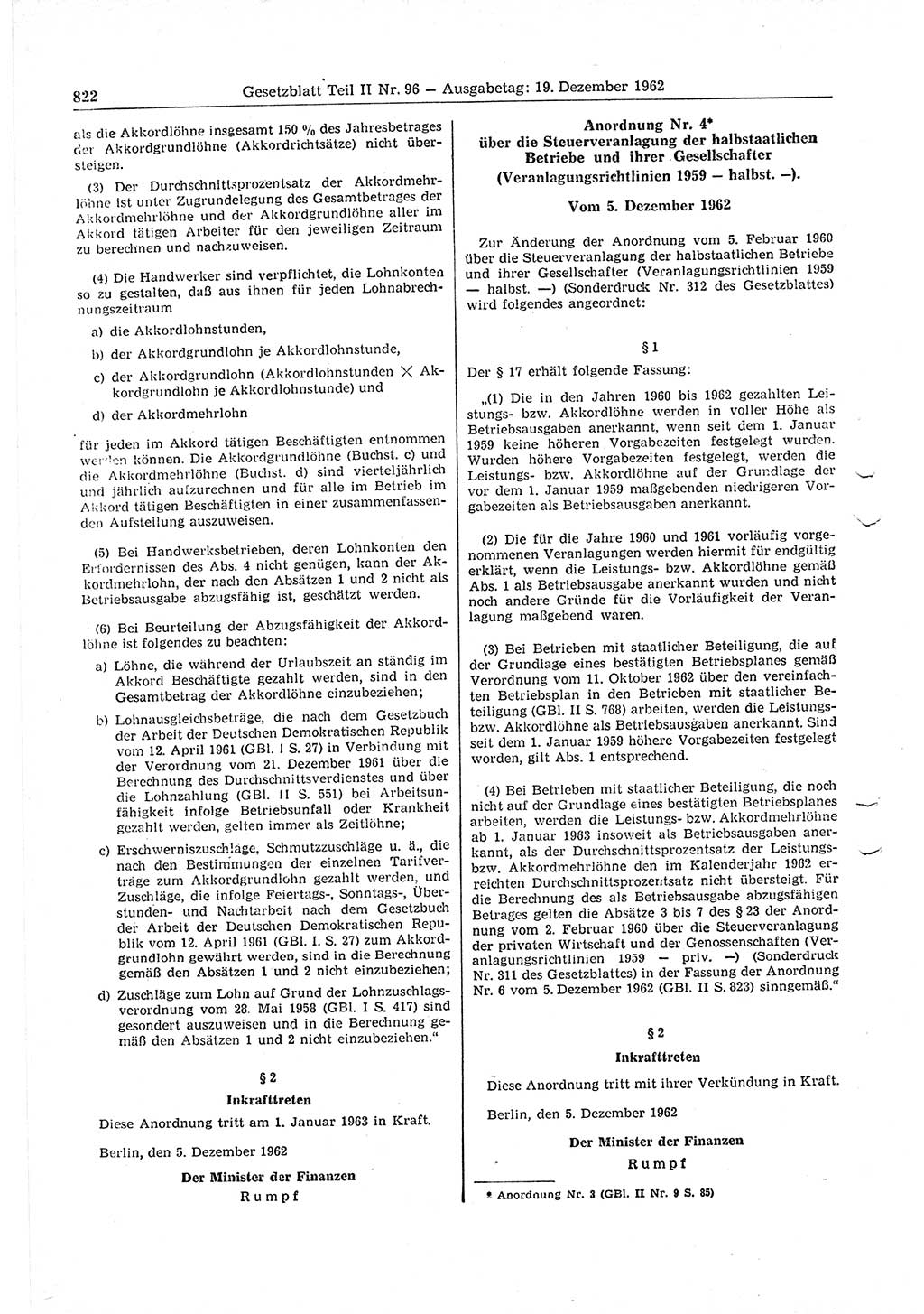 Gesetzblatt (GBl.) der Deutschen Demokratischen Republik (DDR) Teil ⅠⅠ 1962, Seite 822 (GBl. DDR ⅠⅠ 1962, S. 822)