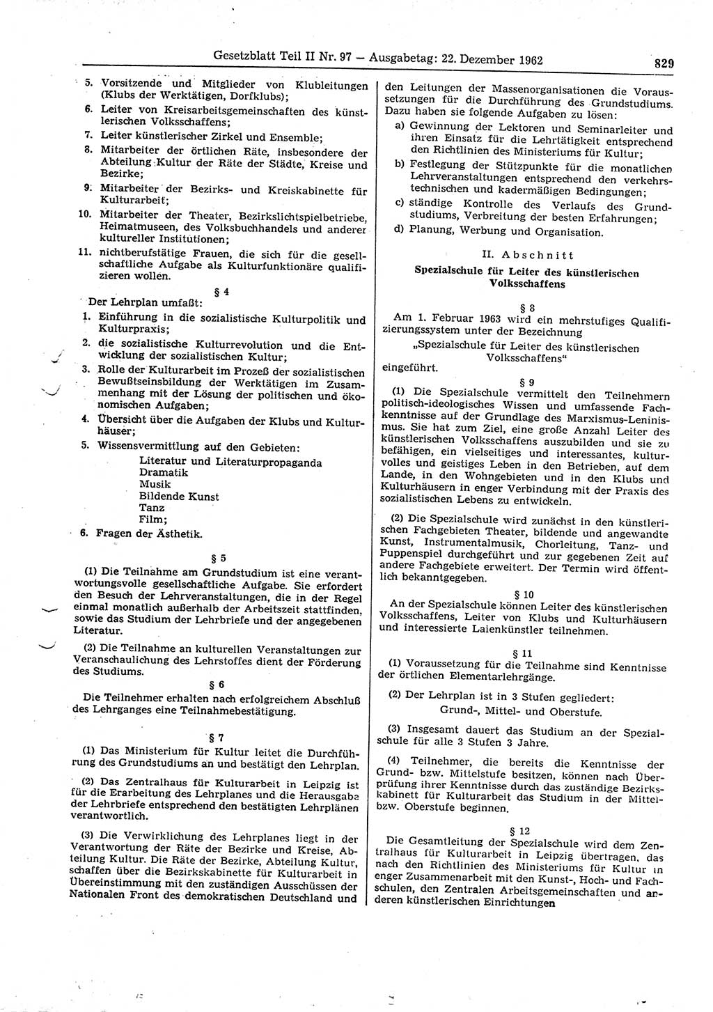 Gesetzblatt (GBl.) der Deutschen Demokratischen Republik (DDR) Teil ⅠⅠ 1962, Seite 829 (GBl. DDR ⅠⅠ 1962, S. 829)