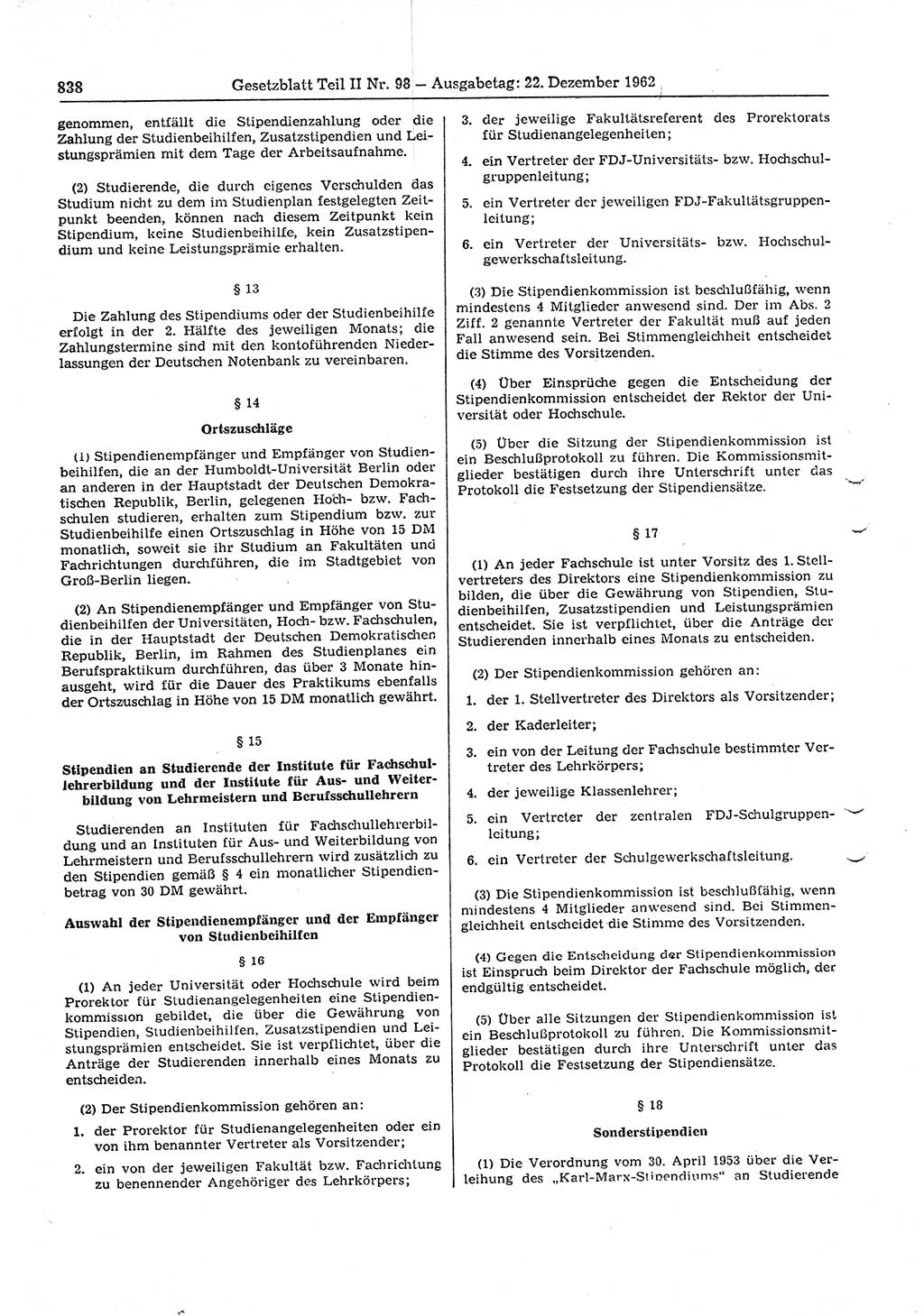 Gesetzblatt (GBl.) der Deutschen Demokratischen Republik (DDR) Teil ⅠⅠ 1962, Seite 838 (GBl. DDR ⅠⅠ 1962, S. 838)