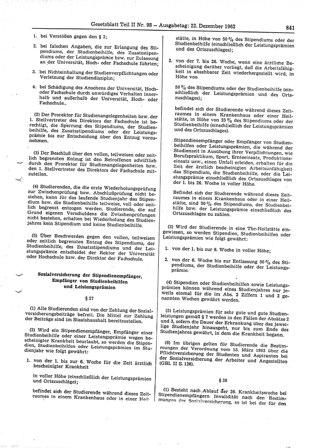 Gesetzblatt (GBl.) der Deutschen Demokratischen Republik (DDR) Teil ⅠⅠ 1962, Seite 841 (GBl. DDR ⅠⅠ 1962, S. 841)