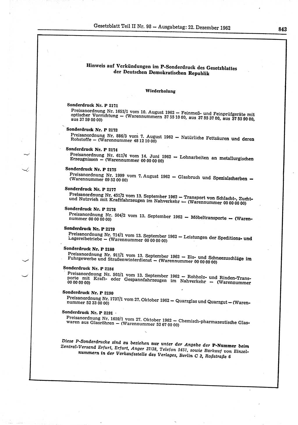 Gesetzblatt (GBl.) der Deutschen Demokratischen Republik (DDR) Teil ⅠⅠ 1962, Seite 843 (GBl. DDR ⅠⅠ 1962, S. 843)