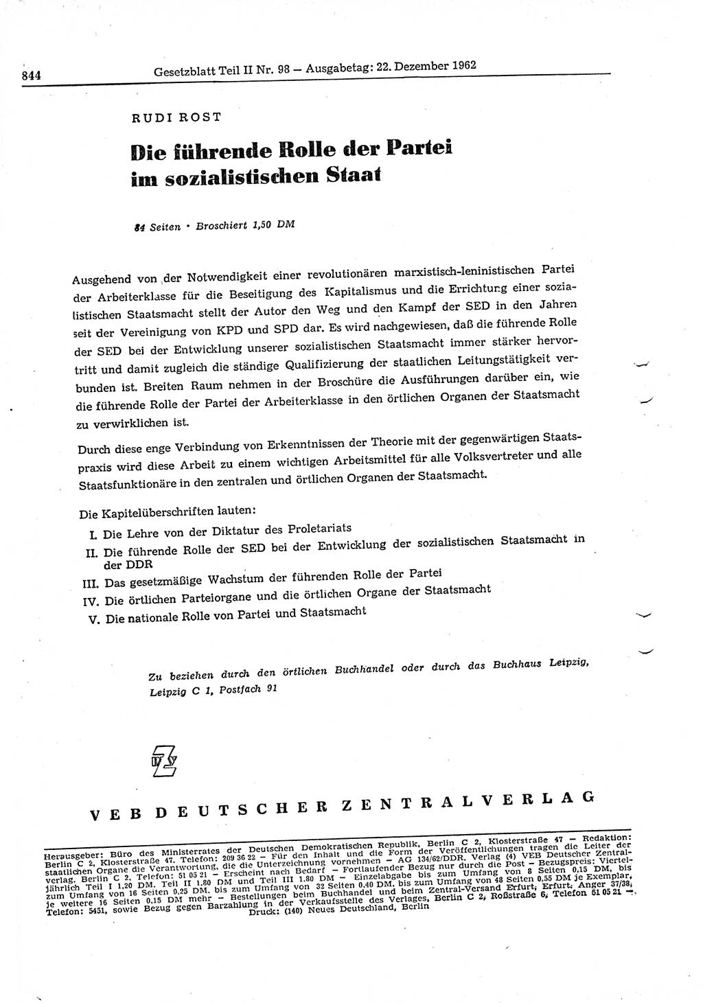 Gesetzblatt (GBl.) der Deutschen Demokratischen Republik (DDR) Teil ⅠⅠ 1962, Seite 844 (GBl. DDR ⅠⅠ 1962, S. 844)