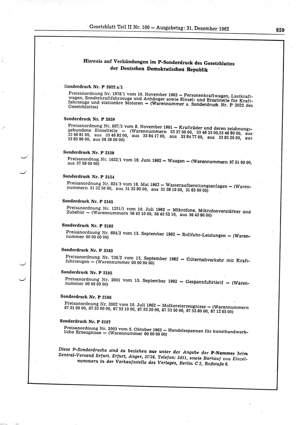 Gesetzblatt (GBl.) der Deutschen Demokratischen Republik (DDR) Teil ⅠⅠ 1962, Seite 859 (GBl. DDR ⅠⅠ 1962, S. 859)