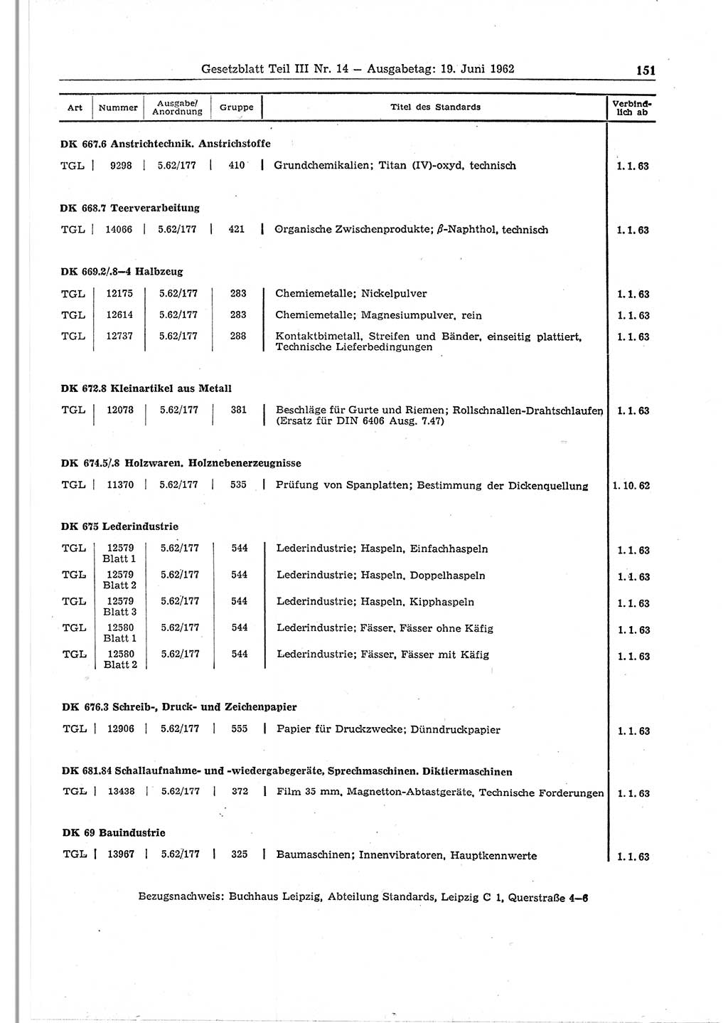 Gesetzblatt (GBl.) der Deutschen Demokratischen Republik (DDR) Teil ⅠⅠⅠ 1962, Seite 151 (GBl. DDR ⅠⅠⅠ 1962, S. 151)