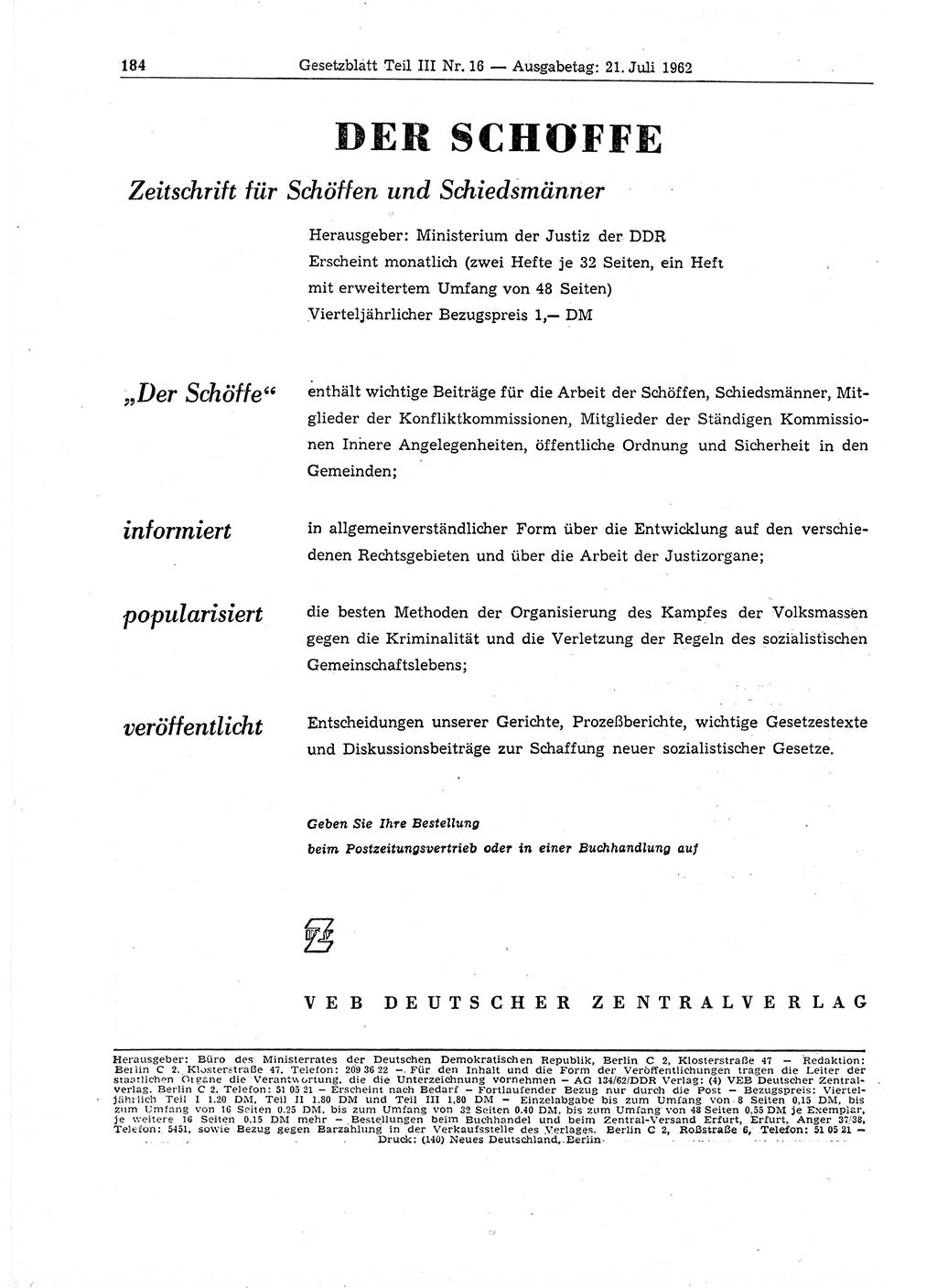 Gesetzblatt (GBl.) der Deutschen Demokratischen Republik (DDR) Teil ⅠⅠⅠ 1962, Seite 184 (GBl. DDR ⅠⅠⅠ 1962, S. 184)