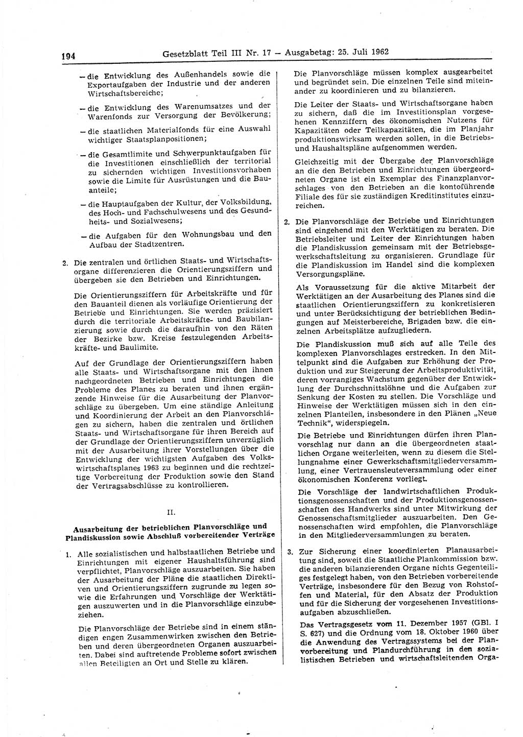 Gesetzblatt (GBl.) der Deutschen Demokratischen Republik (DDR) Teil ⅠⅠⅠ 1962, Seite 194 (GBl. DDR ⅠⅠⅠ 1962, S. 194)
