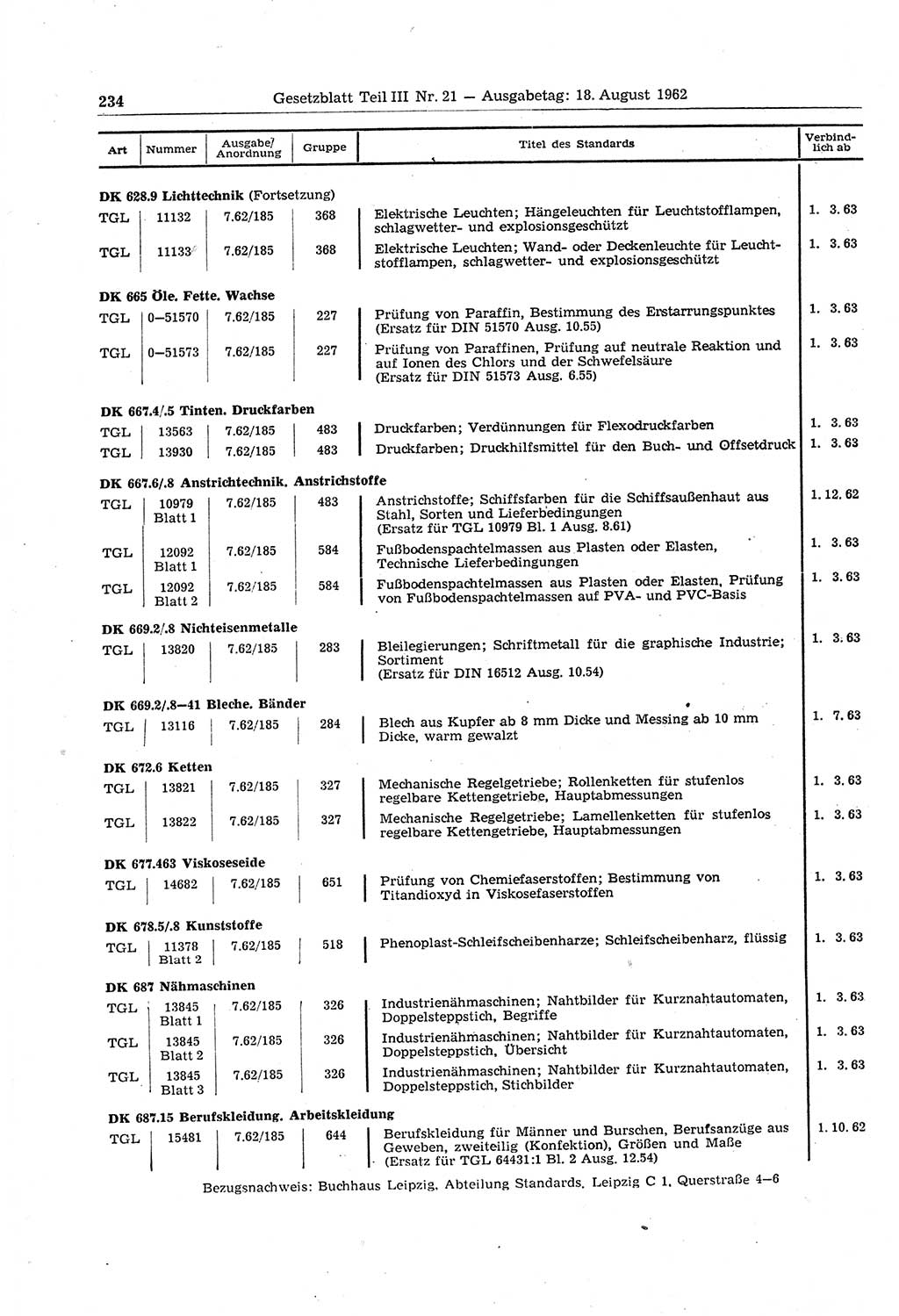 Gesetzblatt (GBl.) der Deutschen Demokratischen Republik (DDR) Teil ⅠⅠⅠ 1962, Seite 234 (GBl. DDR ⅠⅠⅠ 1962, S. 234)