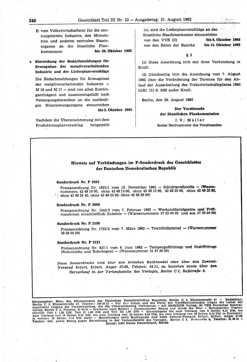 Gesetzblatt (GBl.) der Deutschen Demokratischen Republik (DDR) Teil ⅠⅠⅠ 1962, Seite 240 (GBl. DDR ⅠⅠⅠ 1962, S. 240)