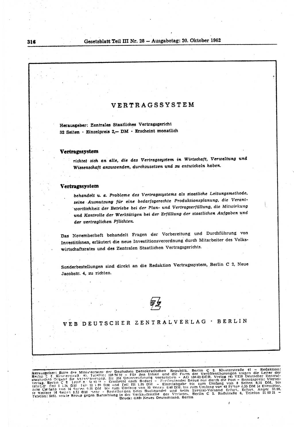 Gesetzblatt (GBl.) der Deutschen Demokratischen Republik (DDR) Teil ⅠⅠⅠ 1962, Seite 316 (GBl. DDR ⅠⅠⅠ 1962, S. 316)