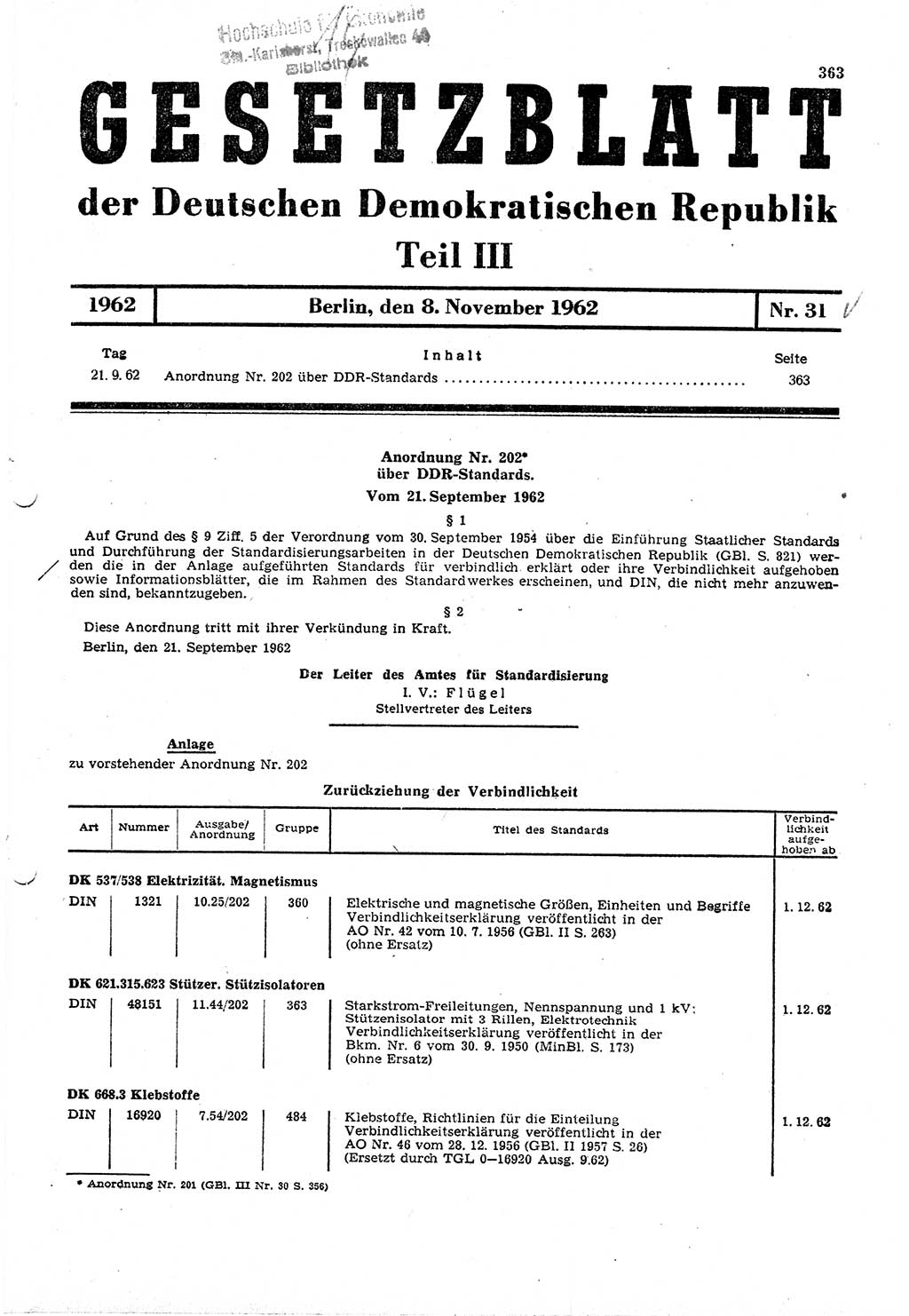 Gesetzblatt (GBl.) der Deutschen Demokratischen Republik (DDR) Teil ⅠⅠⅠ 1962, Seite 363 (GBl. DDR ⅠⅠⅠ 1962, S. 363)