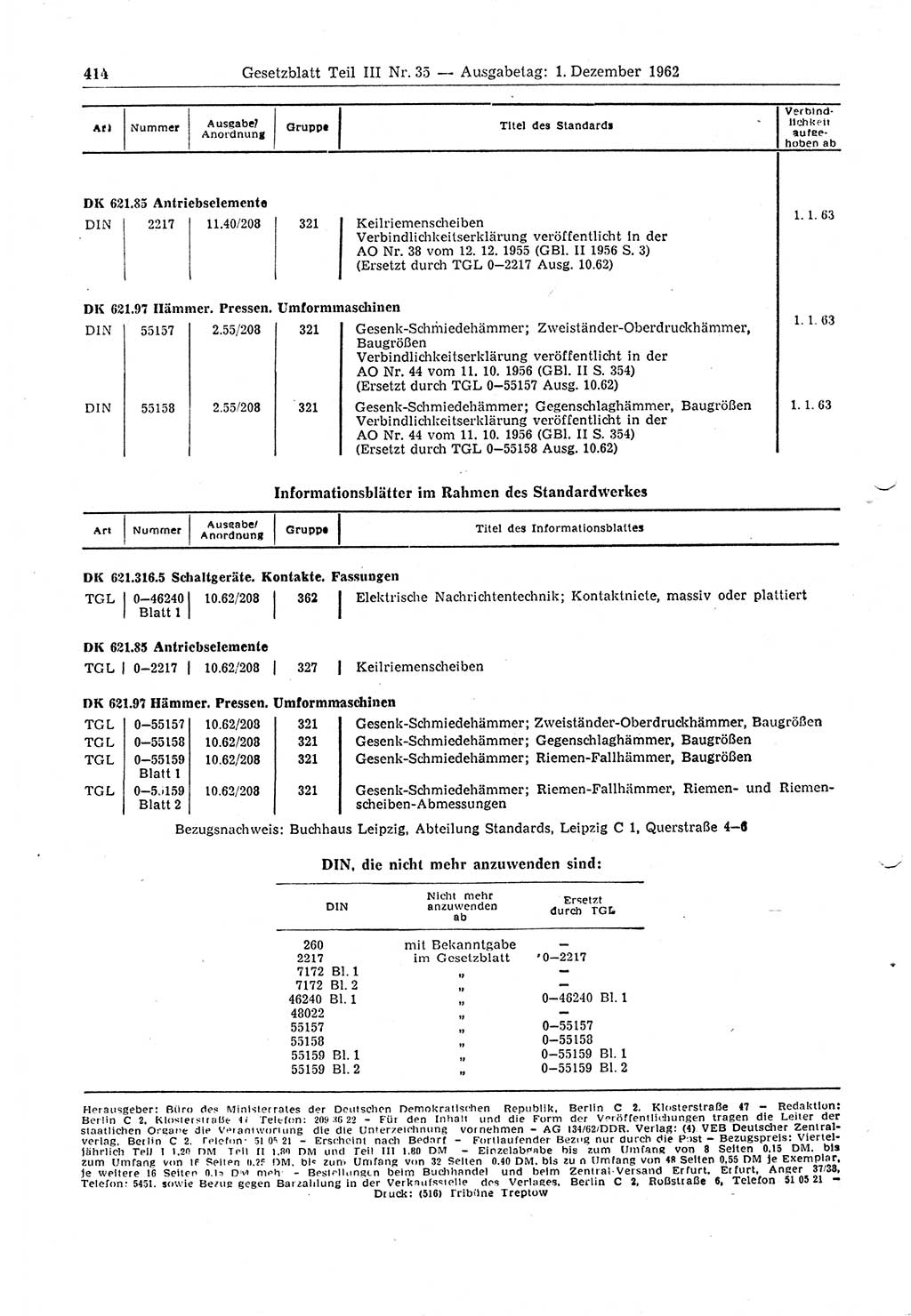 Gesetzblatt (GBl.) der Deutschen Demokratischen Republik (DDR) Teil ⅠⅠⅠ 1962, Seite 414 (GBl. DDR ⅠⅠⅠ 1962, S. 414)