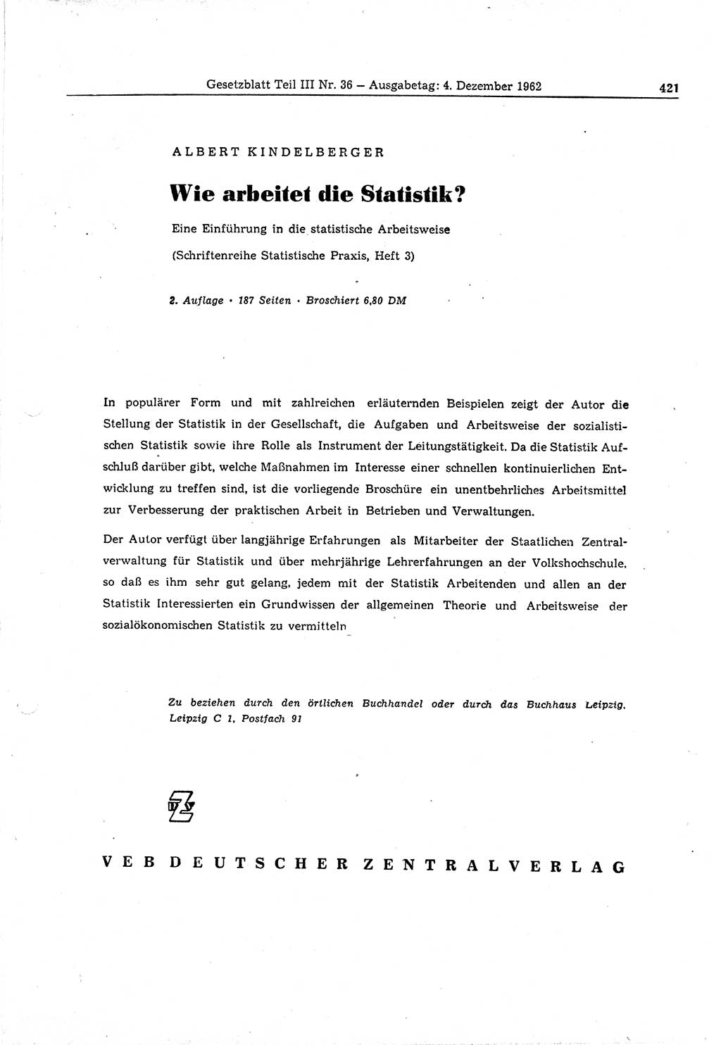 Gesetzblatt (GBl.) der Deutschen Demokratischen Republik (DDR) Teil ⅠⅠⅠ 1962, Seite 421 (GBl. DDR ⅠⅠⅠ 1962, S. 421)