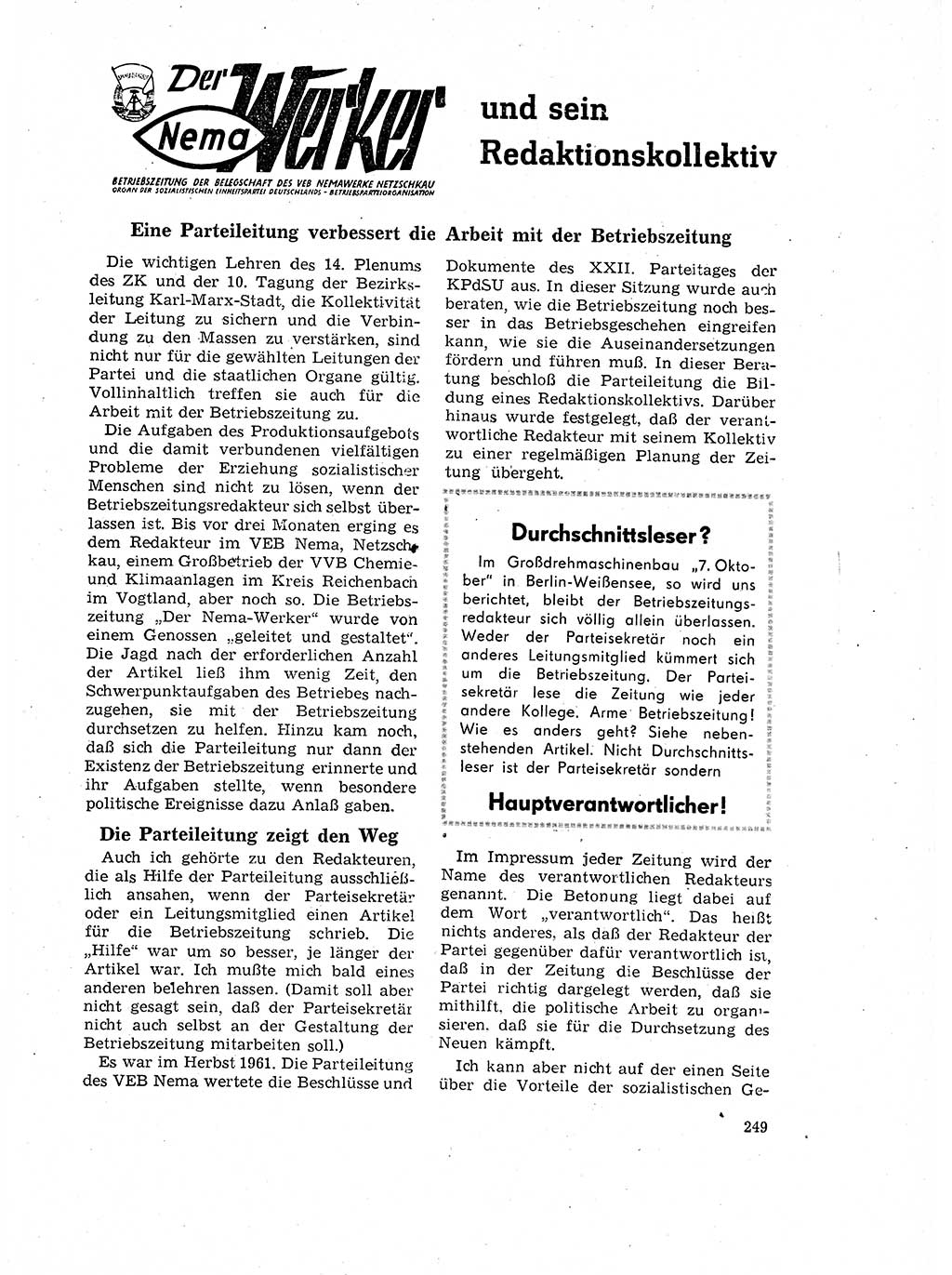 Neuer Weg (NW), Organ des Zentralkomitees (ZK) der SED (Sozialistische Einheitspartei Deutschlands) für Fragen des Parteilebens, 17. Jahrgang [Deutsche Demokratische Republik (DDR)] 1962, Seite 249 (NW ZK SED DDR 1962, S. 249)