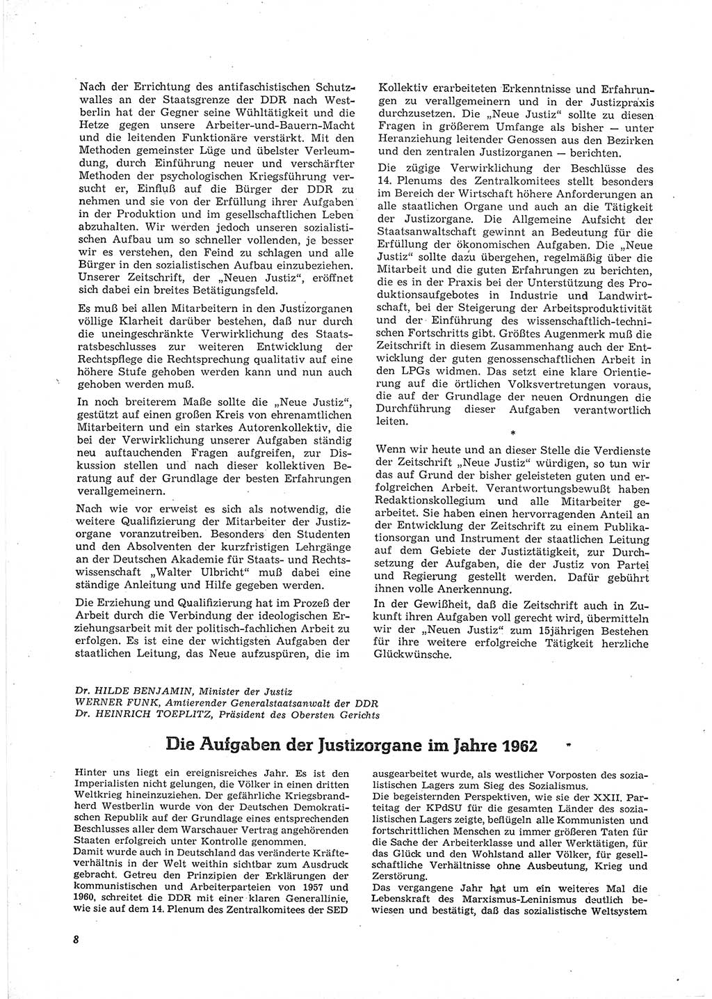Neue Justiz (NJ), Zeitschrift für Recht und Rechtswissenschaft [Deutsche Demokratische Republik (DDR)], 16. Jahrgang 1962, Seite 8 (NJ DDR 1962, S. 8)