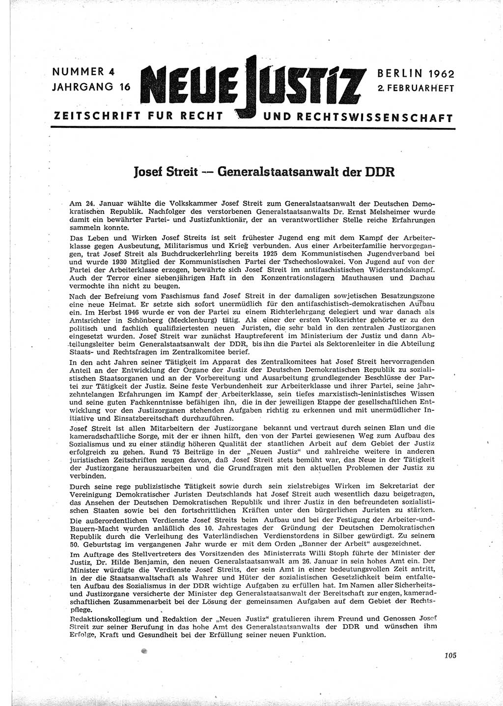 Neue Justiz (NJ), Zeitschrift für Recht und Rechtswissenschaft [Deutsche Demokratische Republik (DDR)], 16. Jahrgang 1962, Seite 105 (NJ DDR 1962, S. 105)