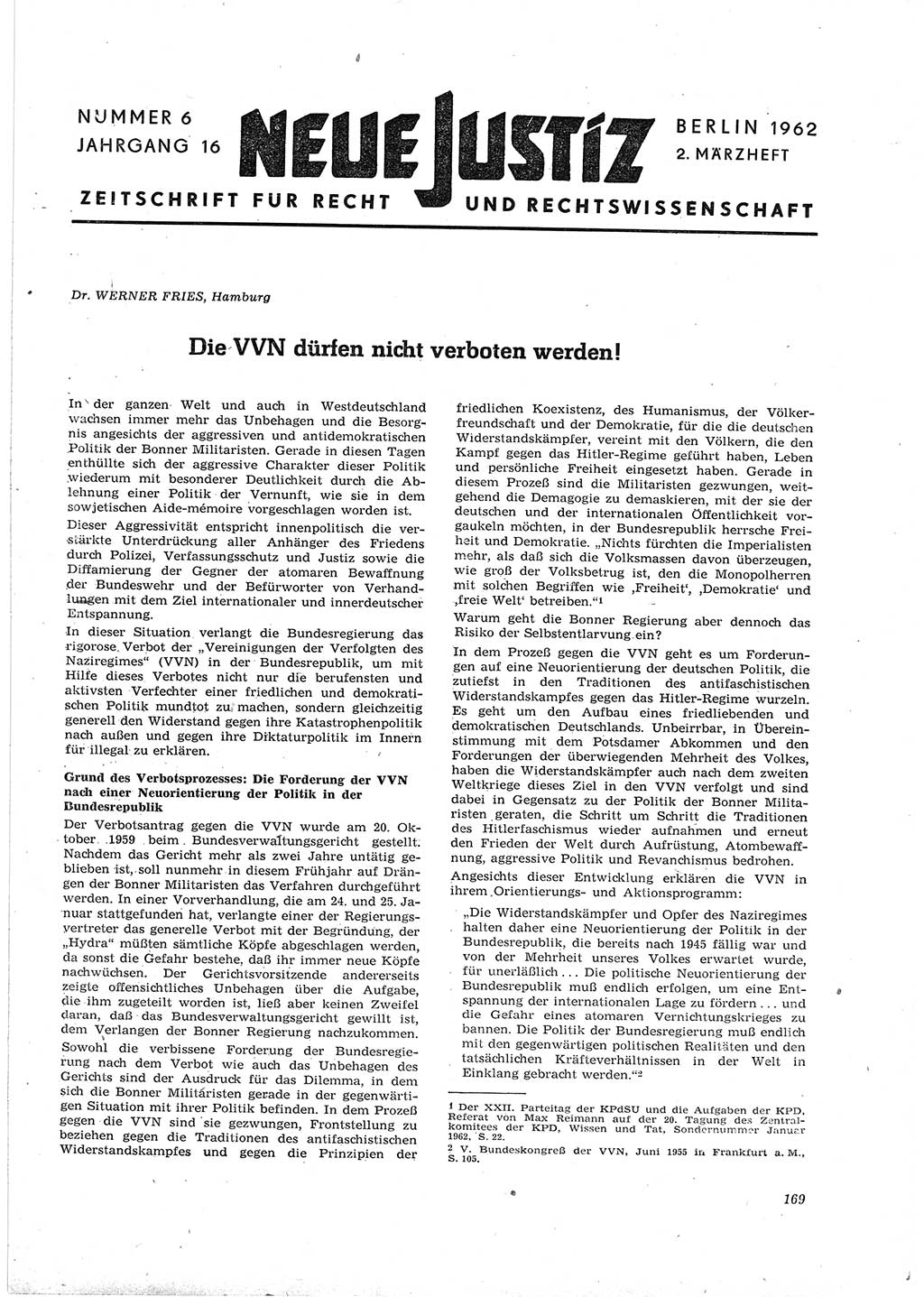 Neue Justiz (NJ), Zeitschrift für Recht und Rechtswissenschaft [Deutsche Demokratische Republik (DDR)], 16. Jahrgang 1962, Seite 169 (NJ DDR 1962, S. 169)