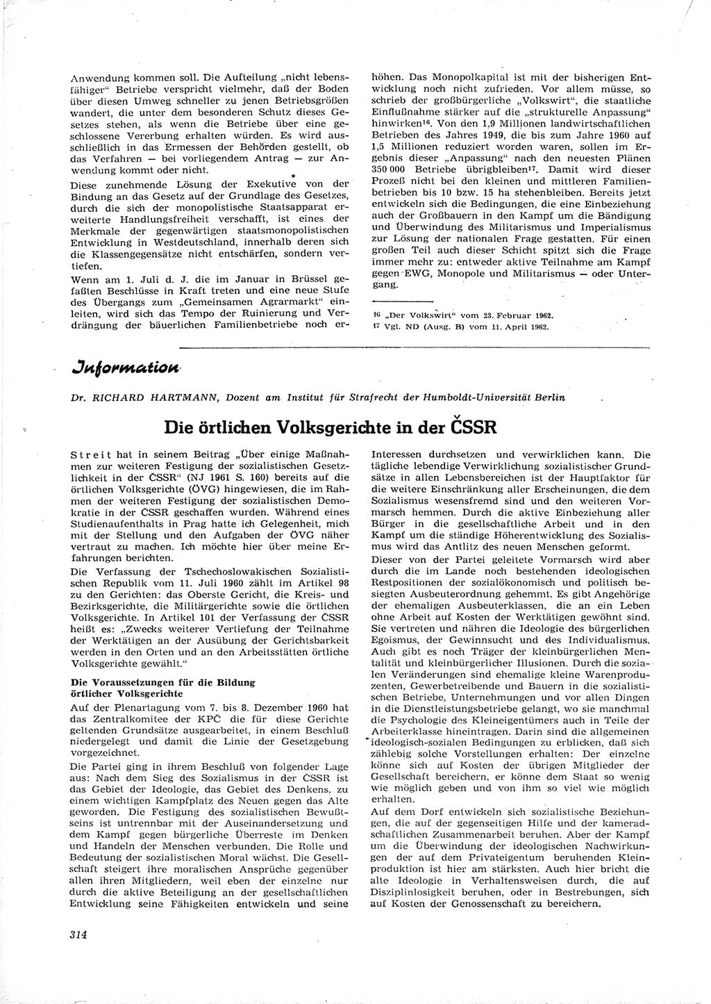 Neue Justiz (NJ), Zeitschrift für Recht und Rechtswissenschaft [Deutsche Demokratische Republik (DDR)], 16. Jahrgang 1962, Seite 314 (NJ DDR 1962, S. 314)