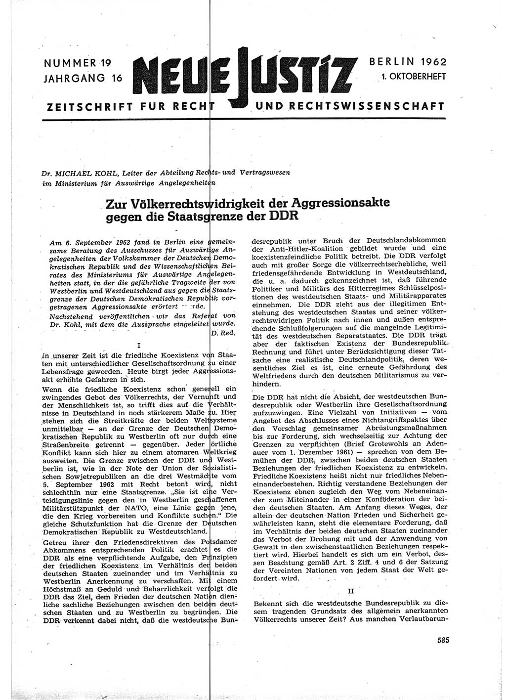 Neue Justiz (NJ), Zeitschrift für Recht und Rechtswissenschaft [Deutsche Demokratische Republik (DDR)], 16. Jahrgang 1962, Seite 585 (NJ DDR 1962, S. 585)