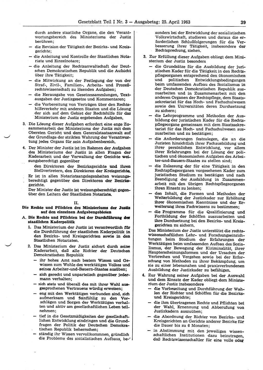 Gesetzblatt (GBl.) der Deutschen Demokratischen Republik (DDR) Teil Ⅰ 1963, Seite 39 (GBl. DDR Ⅰ 1963, S. 39)