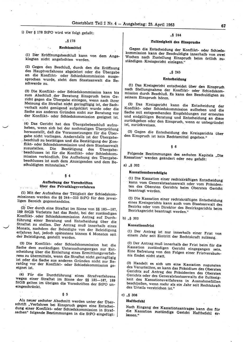 Gesetzblatt (GBl.) der Deutschen Demokratischen Republik (DDR) Teil Ⅰ 1963, Seite 67 (GBl. DDR Ⅰ 1963, S. 67)