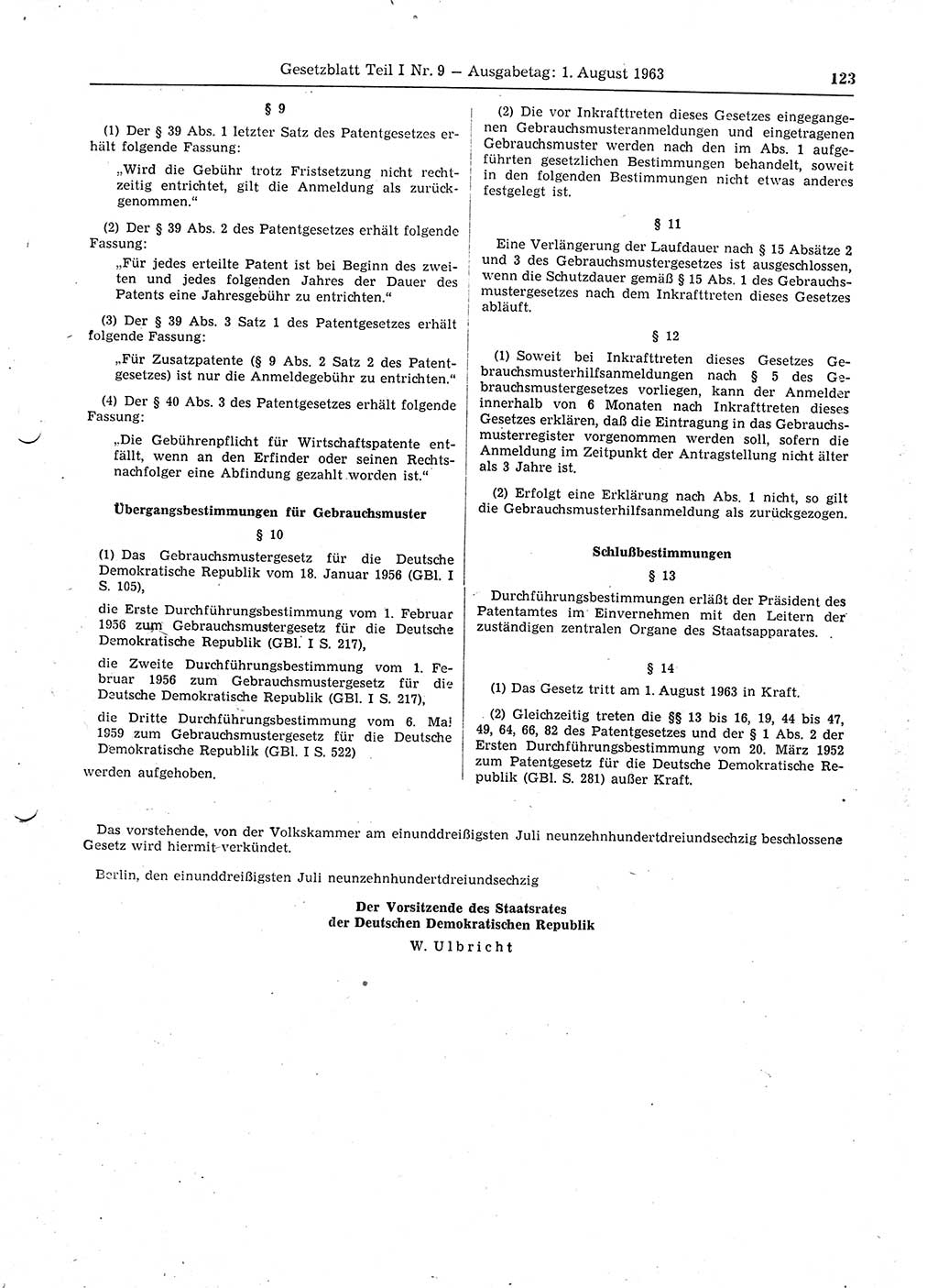 Gesetzblatt (GBl.) der Deutschen Demokratischen Republik (DDR) Teil Ⅰ 1963, Seite 123 (GBl. DDR Ⅰ 1963, S. 123)