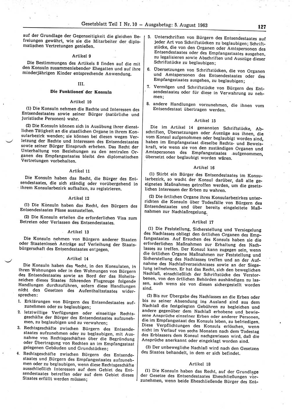Gesetzblatt (GBl.) der Deutschen Demokratischen Republik (DDR) Teil Ⅰ 1963, Seite 127 (GBl. DDR Ⅰ 1963, S. 127)