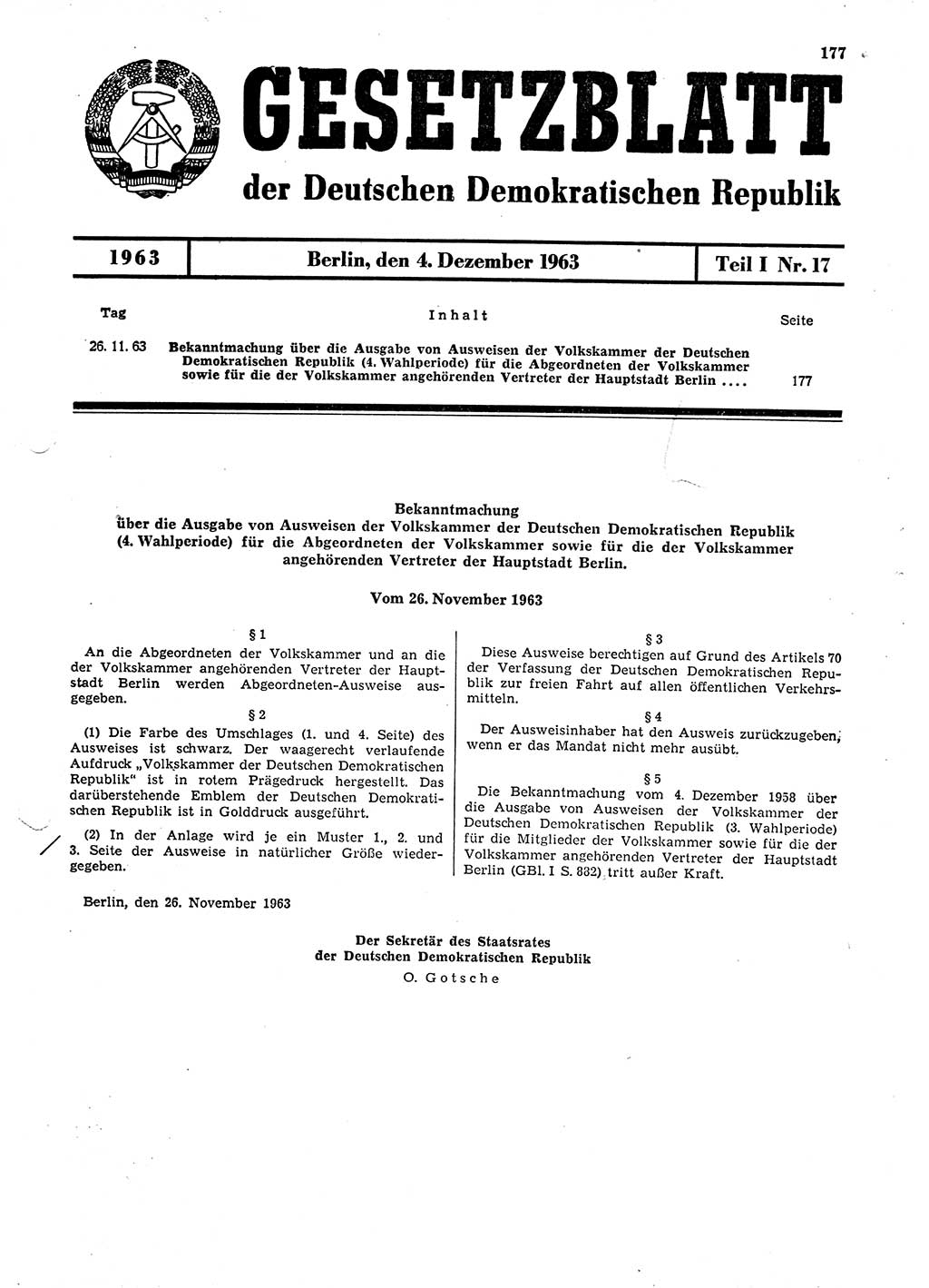 Gesetzblatt (GBl.) der Deutschen Demokratischen Republik (DDR) Teil Ⅰ 1963, Seite 177 (GBl. DDR Ⅰ 1963, S. 177)