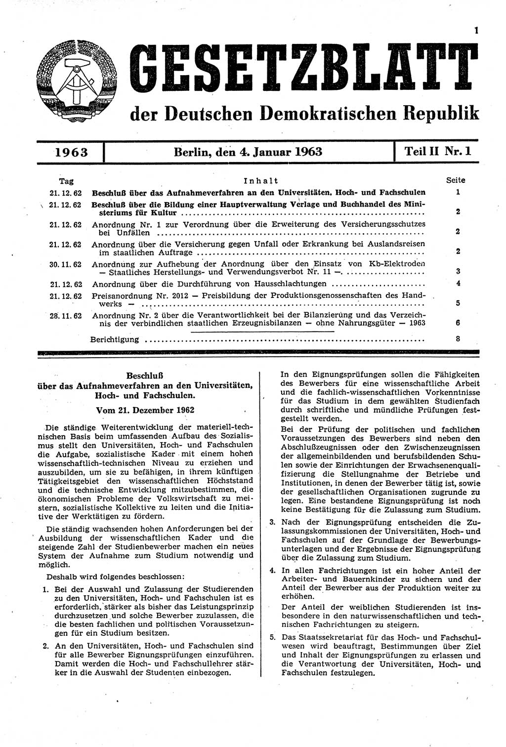 Gesetzblatt (GBl.) der Deutschen Demokratischen Republik (DDR) Teil ⅠⅠ 1963, Seite 1 (GBl. DDR ⅠⅠ 1963, S. 1)